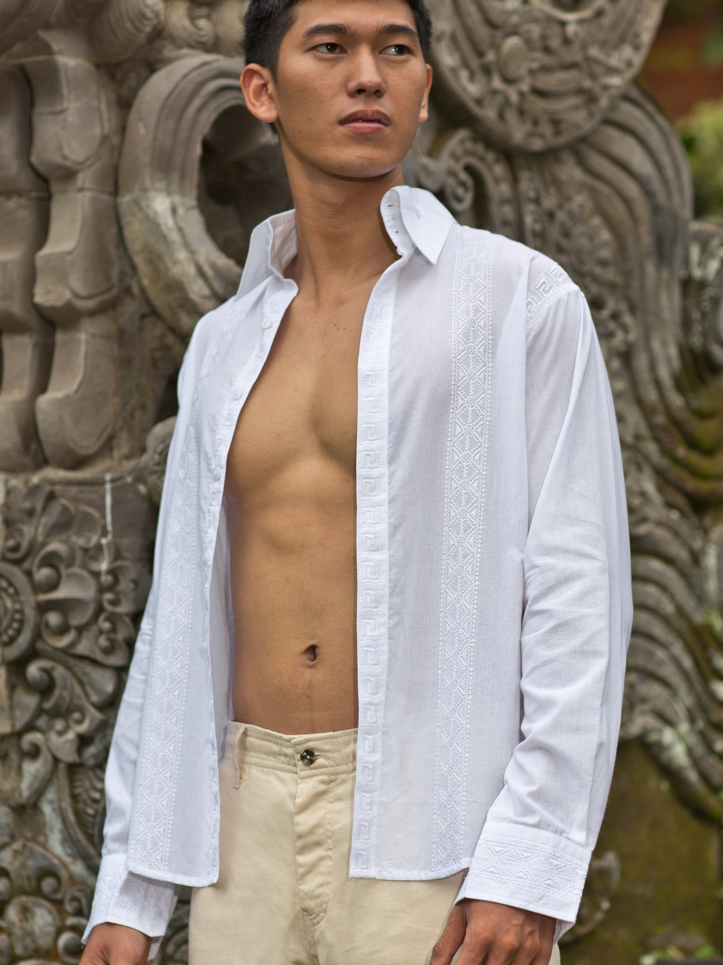 Mens Embroidered Cotton Cancun Shirt White Lignt Weight Beach Wedding Open