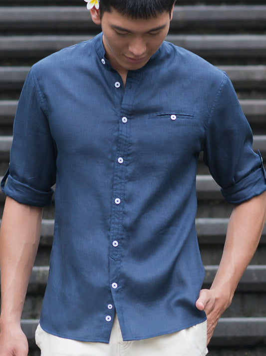 Mens Italian Linen Verona Shirt Slim Fit Sage Banded Collar Navy Blue Beach Wedding