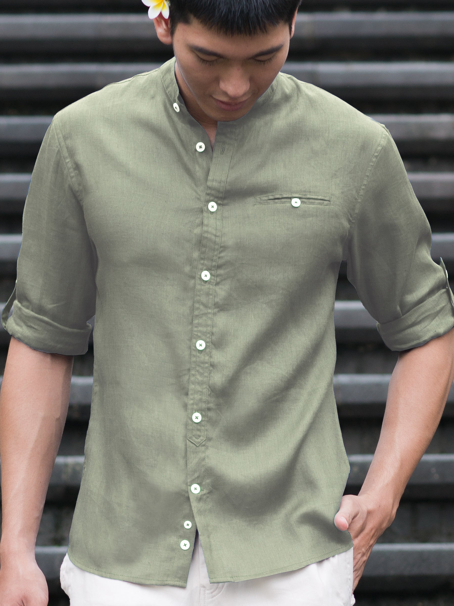 Mens Italian Linen Verona Shirt Slim Fit Sage Banded Collar Sage Green Beach Wedding