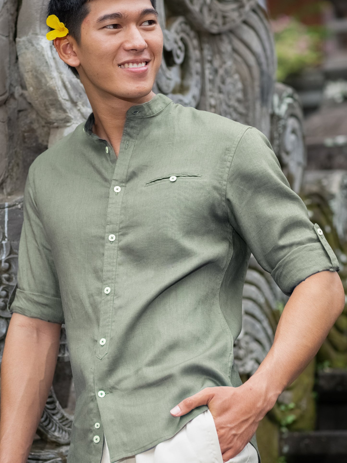 Mens Italian Linen Verona Shirt Slim Fit Sage Banded Collar Sage Green Beach Wedding