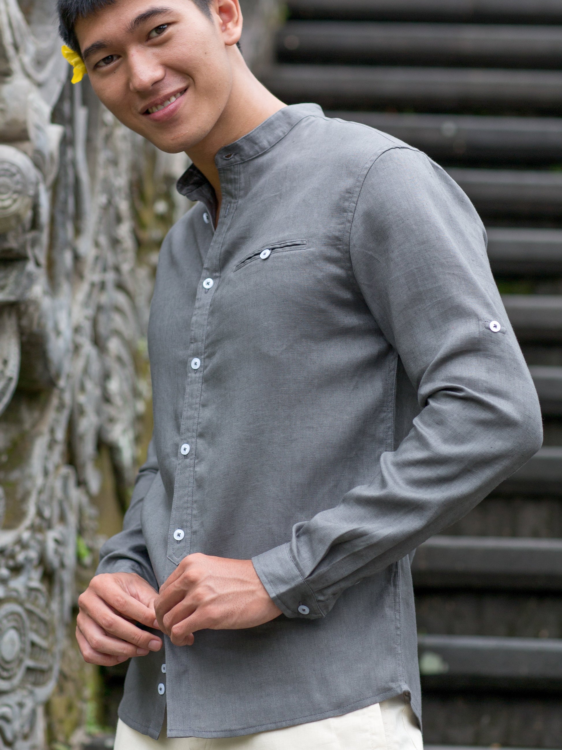 Mens Italian Linen Verona Shirt Slim Fit Sage Banded Collar Slate Gray Beach Wedding Side