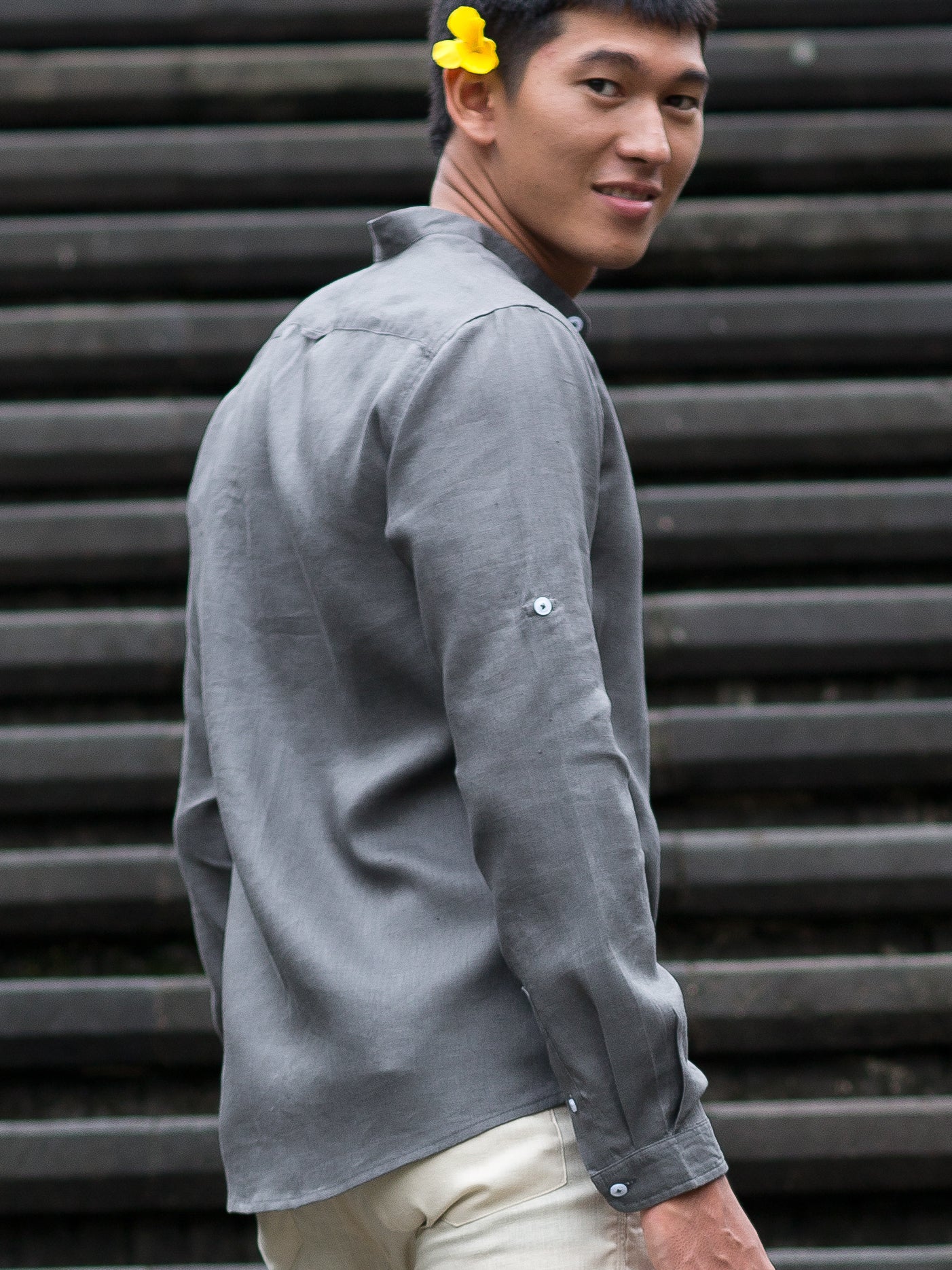 Mens Italian Linen Verona Shirt Slim Fit Sage Banded Collar Slate Gray Beach Wedding Side