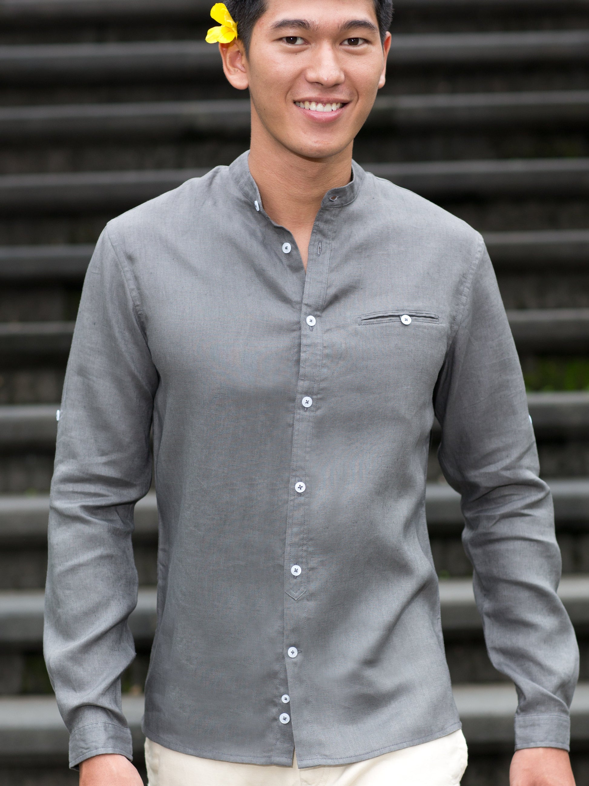 Mens Italian Linen Verona Shirt Slim Fit Sage Banded Collar Slate Gray Beach Wedding