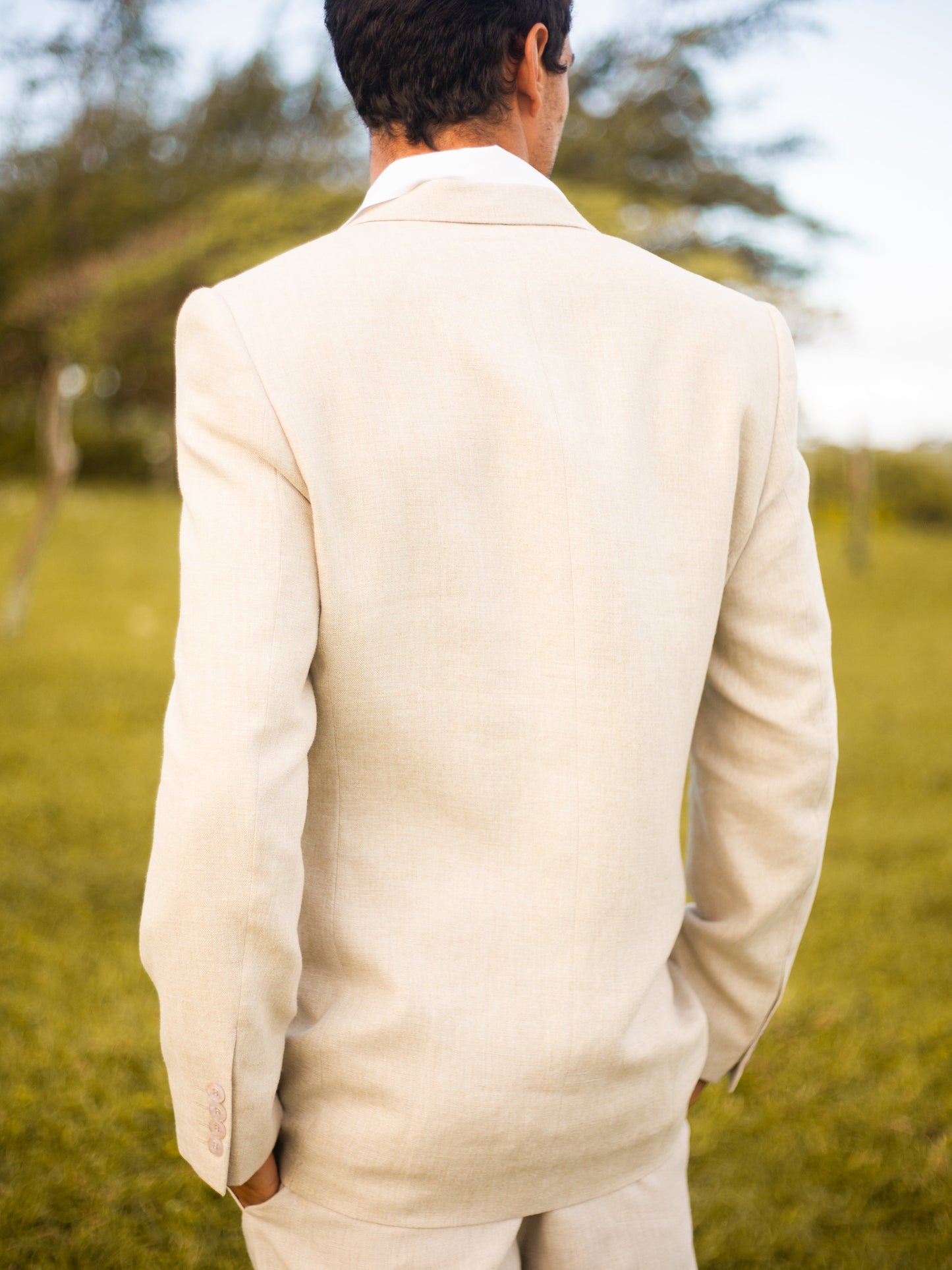 Mens Linen Amalfi Jacket Tan Khaki Beach Wedding Back