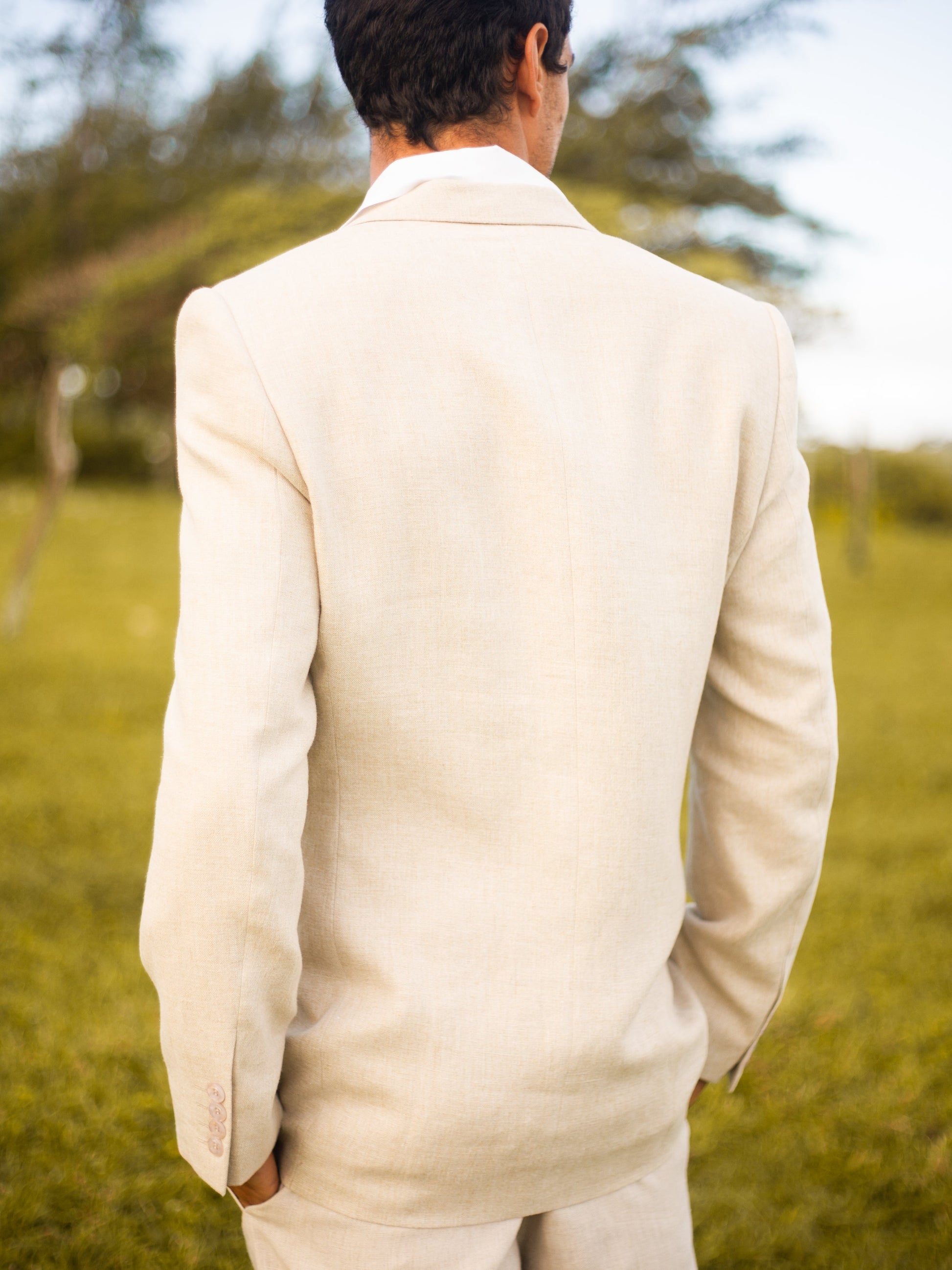 Mens Linen Amalfi Jacket Tan Khaki Beach Wedding Back