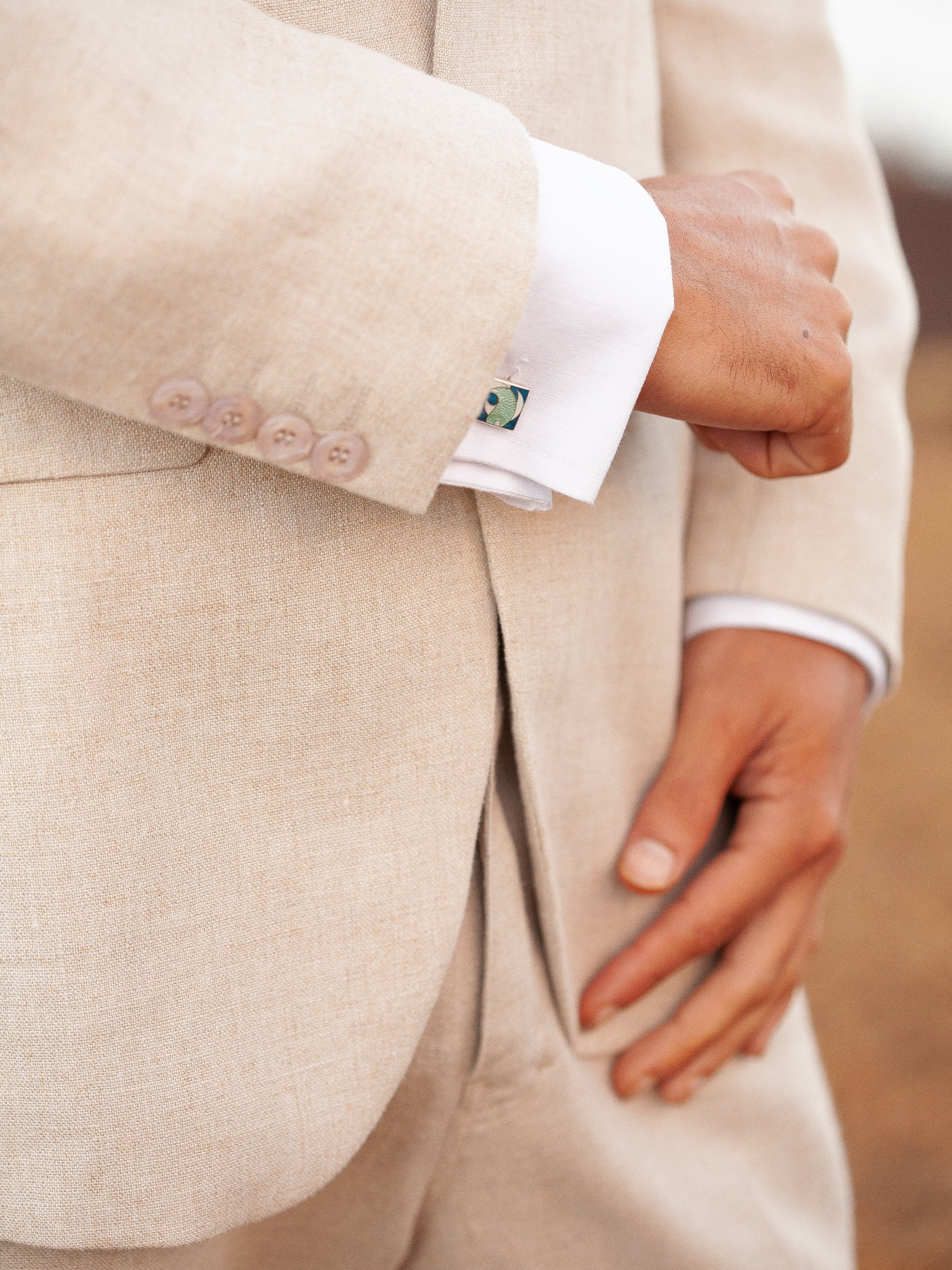 Mens Linen Amalfi Jacket Tan Khaki Beach Wedding Cuff