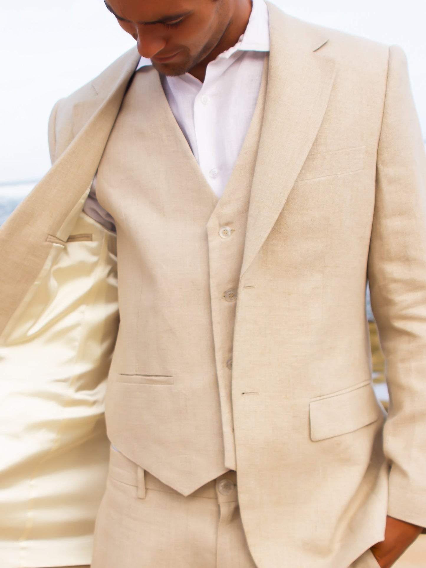 Mens Linen Amalfi Jacket Tan Khaki Beach Wedding Open