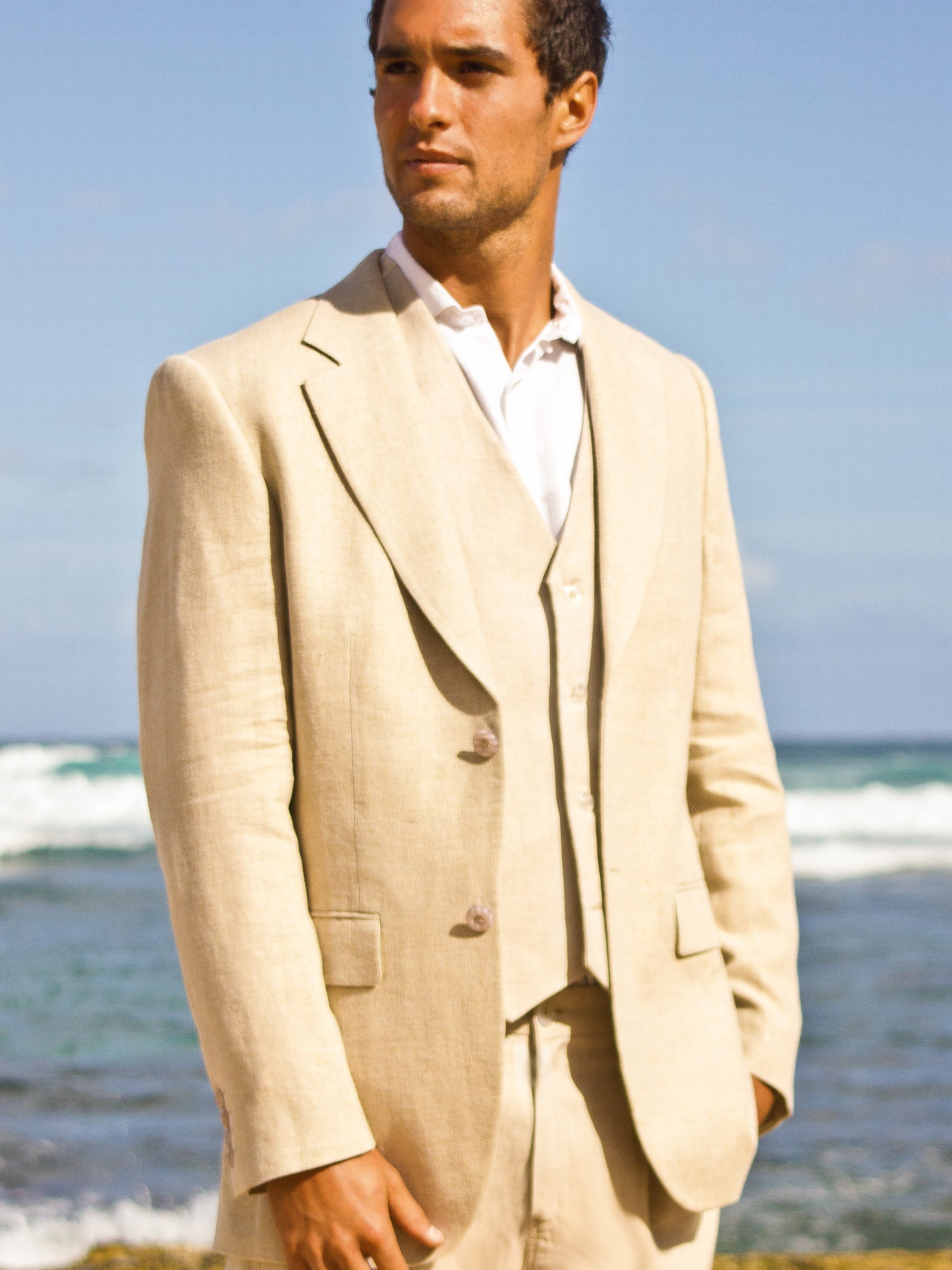 Mens Linen Amalfi Jacket Vest Tan Khaki Beach Wedding
