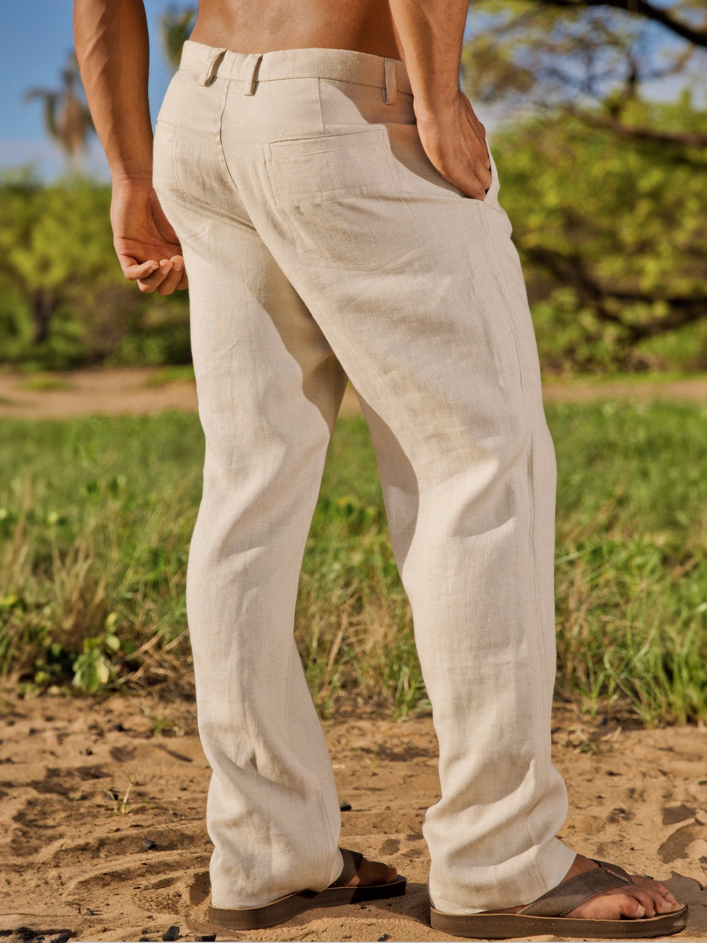 Mens Linen Amalfi Pant Tan Khaki Beach Wedding Side Angle