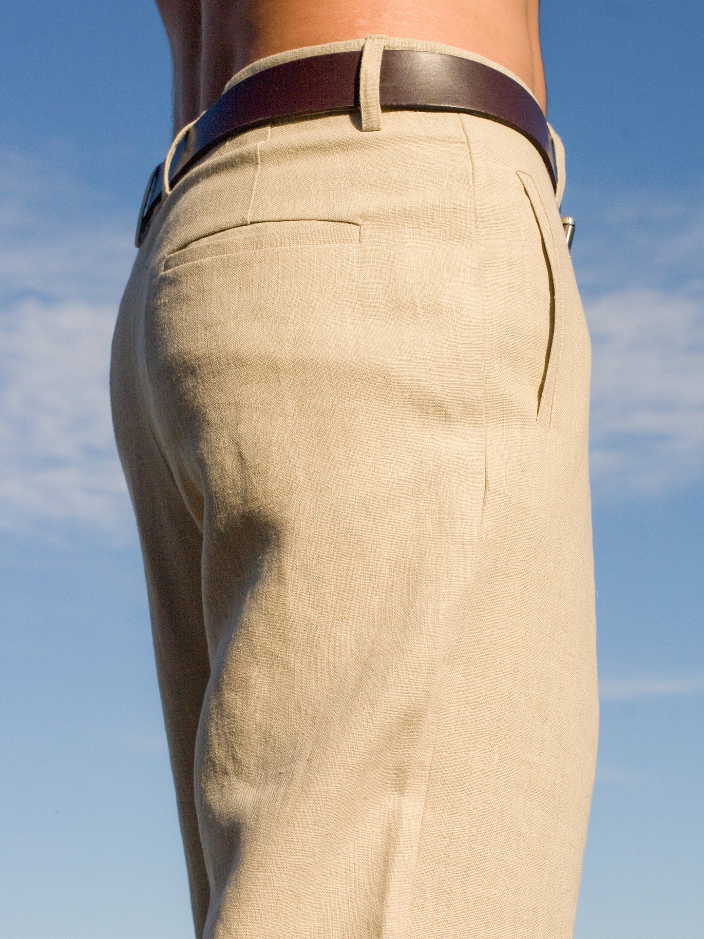 Mens Linen Amalfi Pant Tan Natural Beach Wedding Side Close