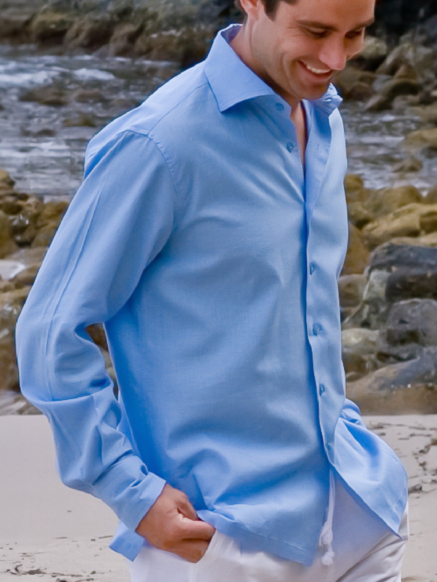 Mens Linen Amalfi Shirt Long Sleeve French Blue Beach Wedding
