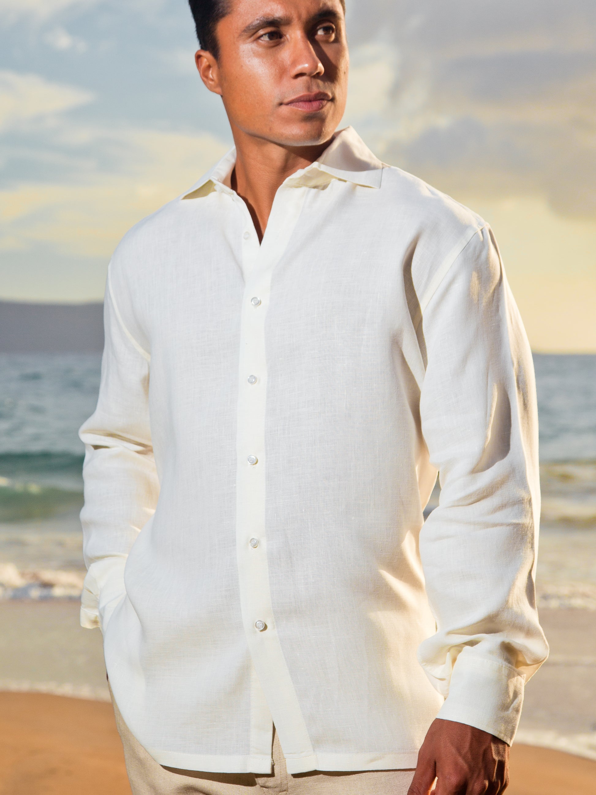 Mens Linen Amalfi Shirt Long Sleeve Ivory Beach Wedding Alt