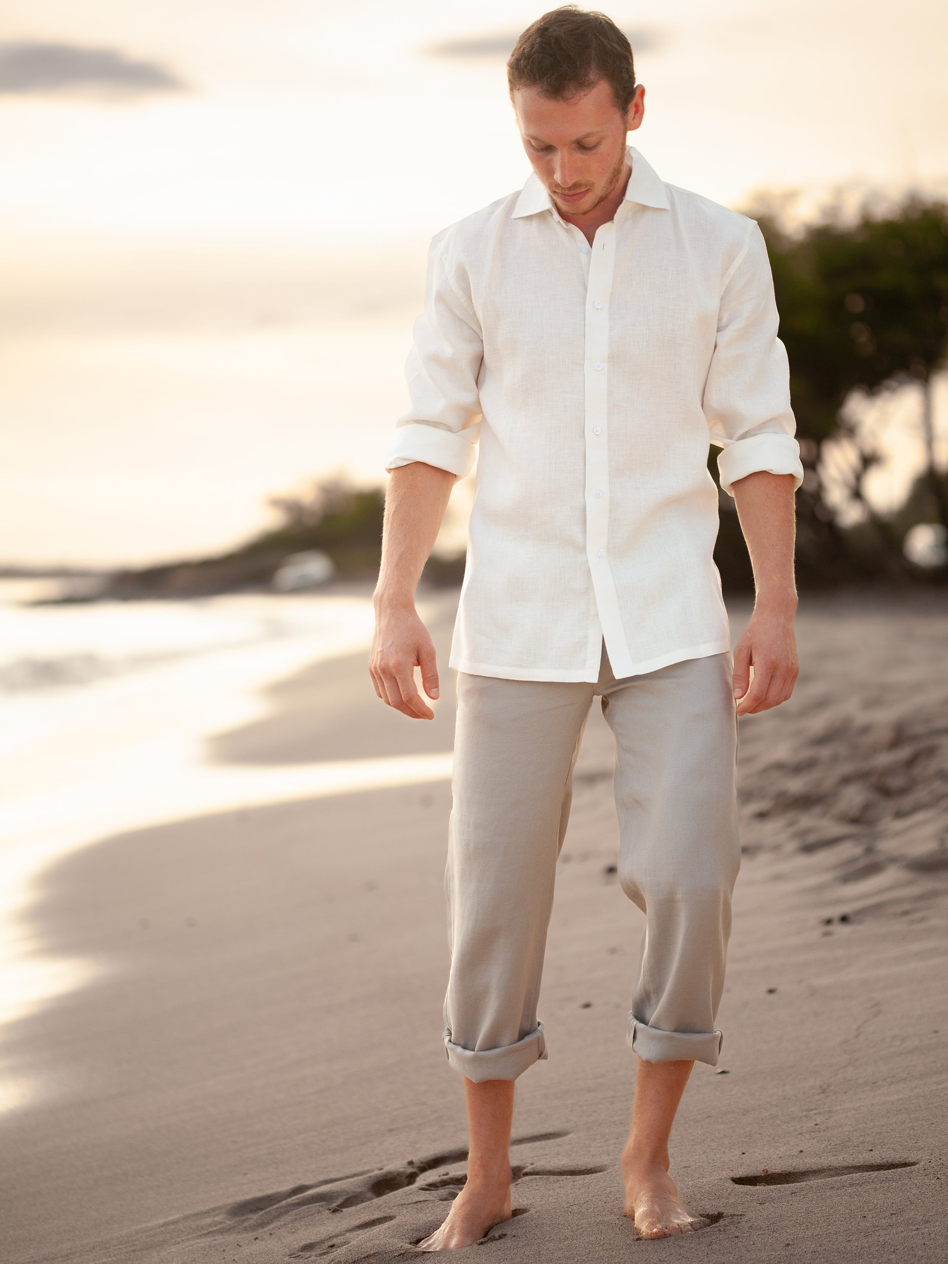 Mens Linen Amalfi Shirt Long Sleeve Ivory Beach Wedding Full