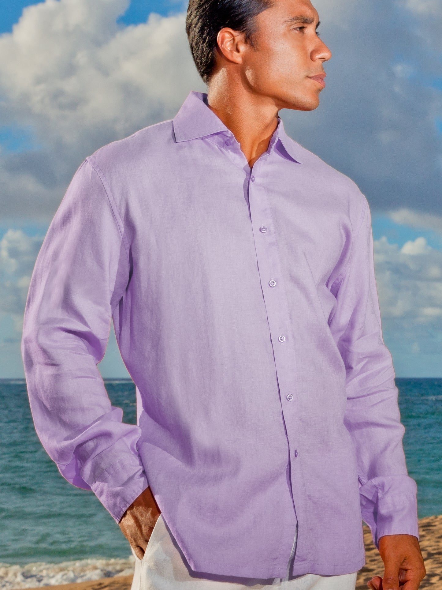 Mens Linen Amalfi Shirt Long Sleeve Lilac Beach Wedding