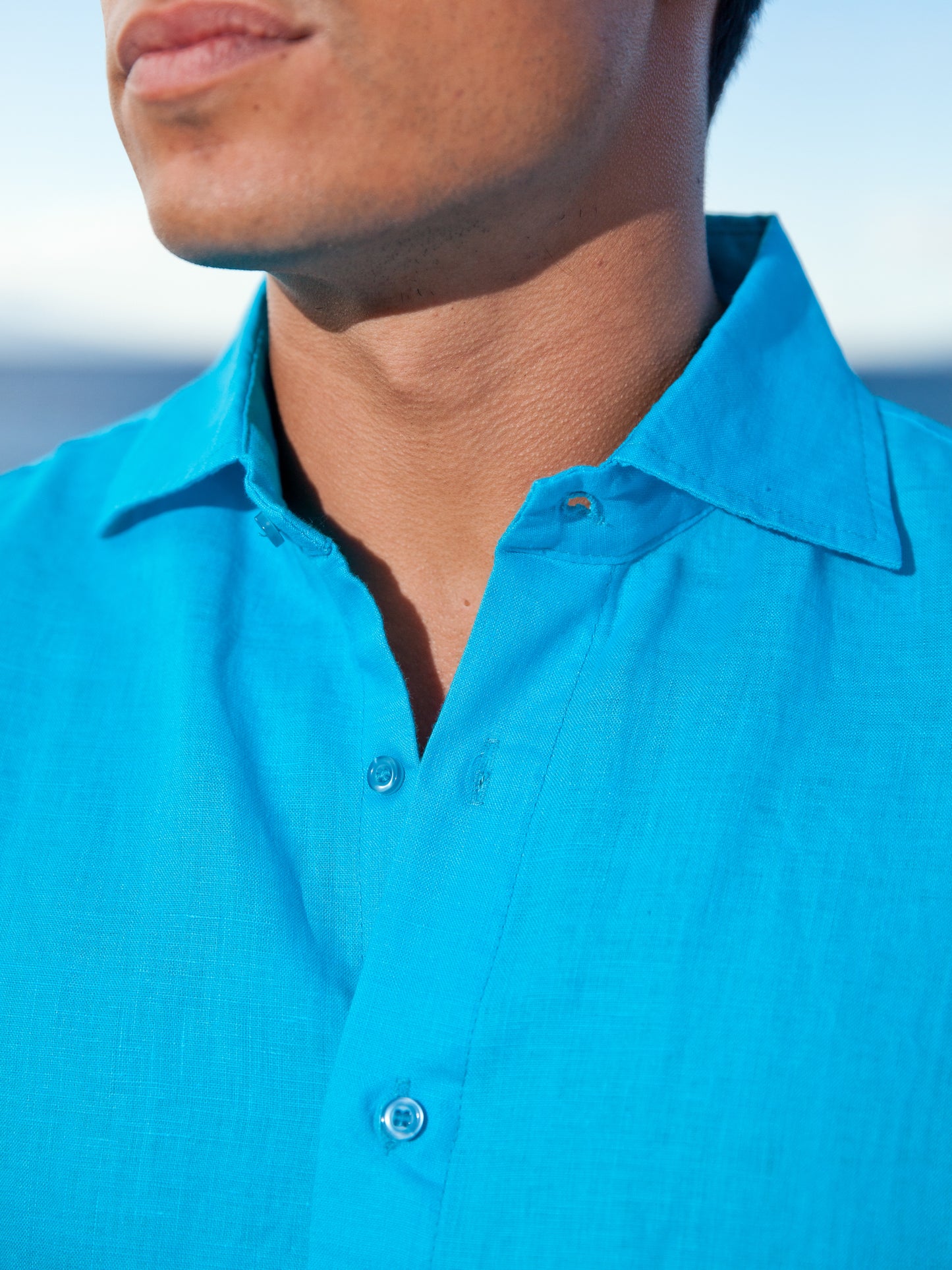 Mens Linen Amalfi Shirt Long Sleeve Malibu Blue Beach Wedding Collar