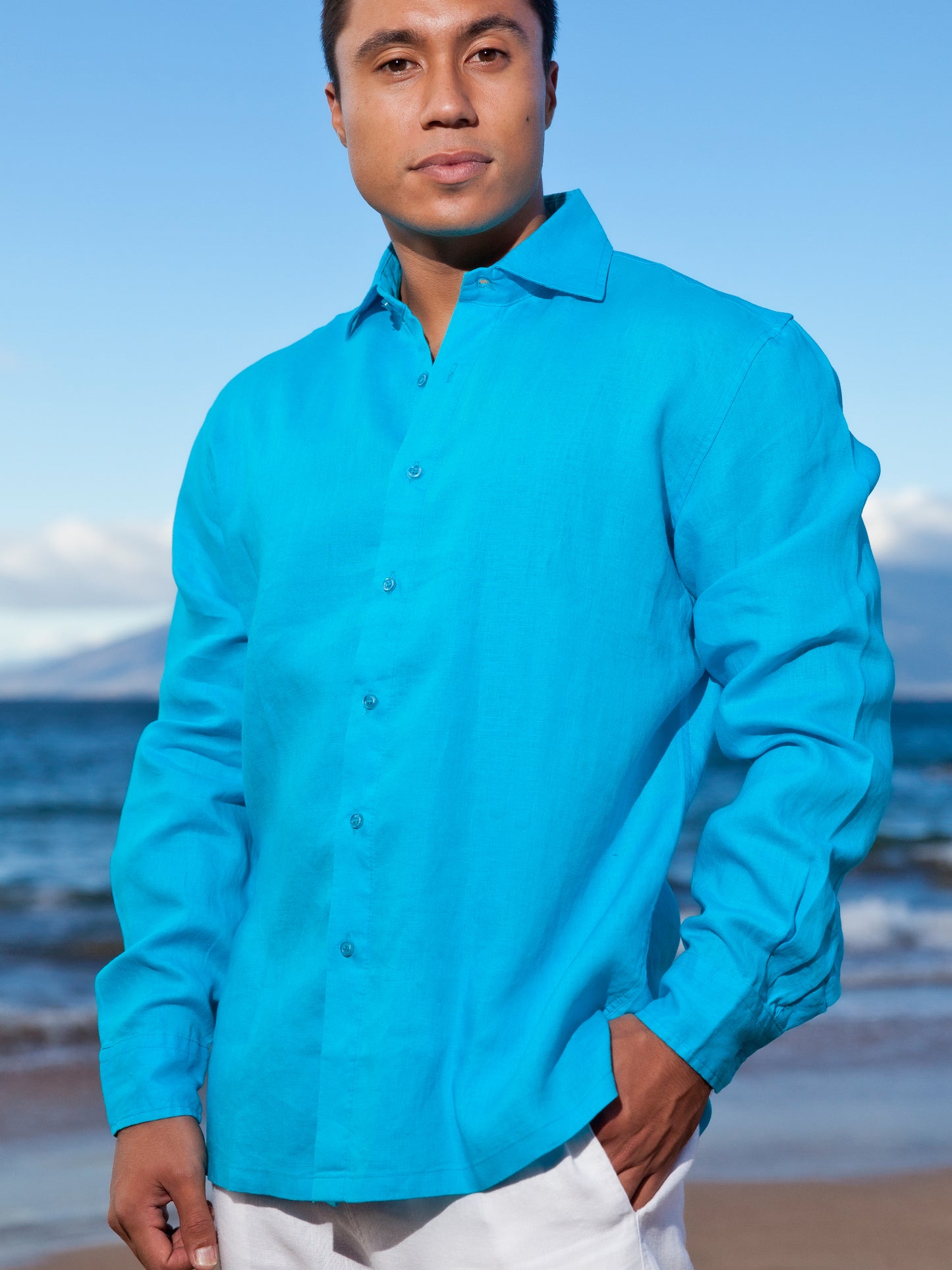 Mens Linen Amalfi Shirt Long Sleeve Malibu Blue Beach Wedding Full