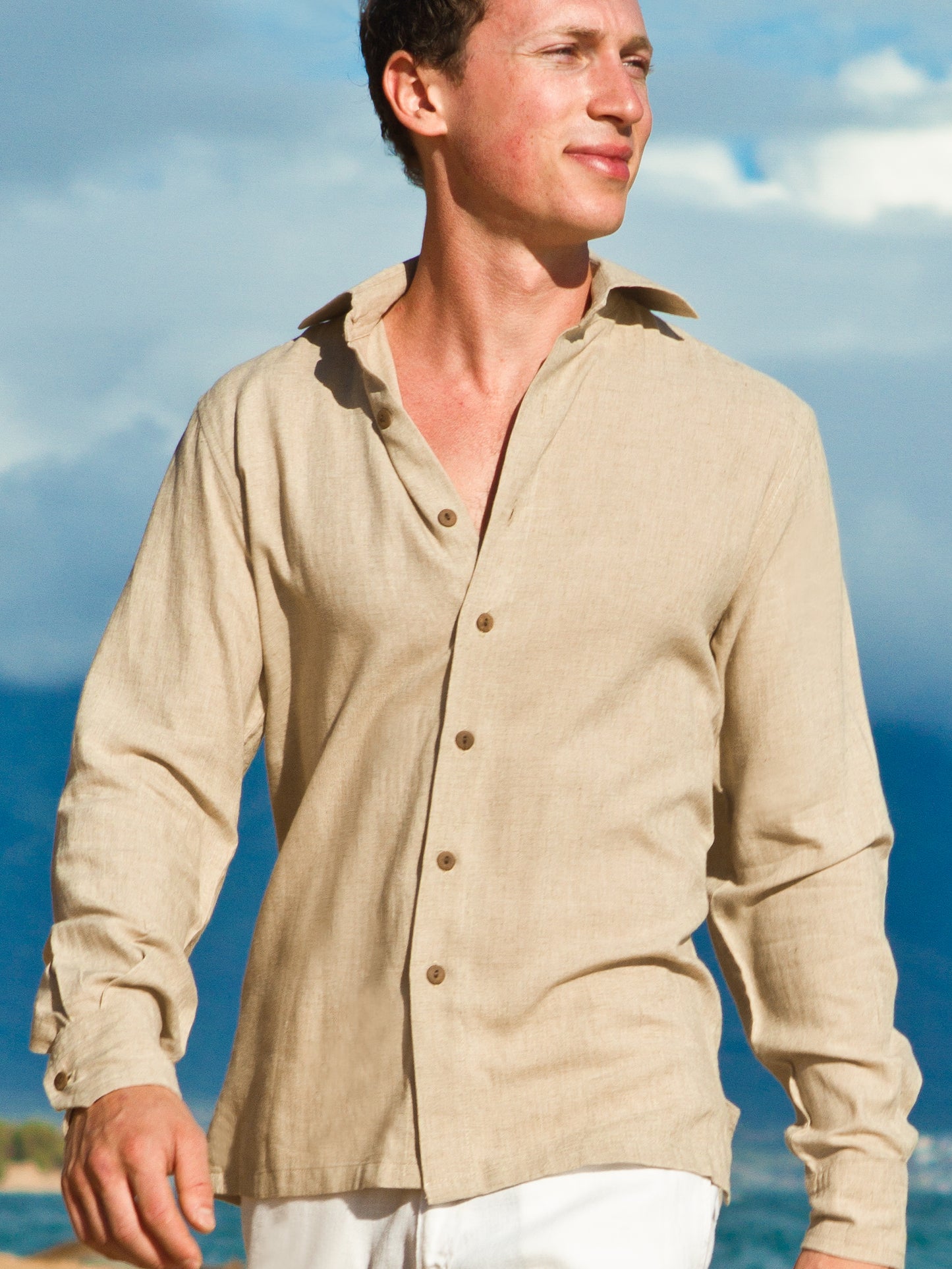 Mens Linen Amalfi Shirt Long Sleeve Tan Khaki Beach Wedding
