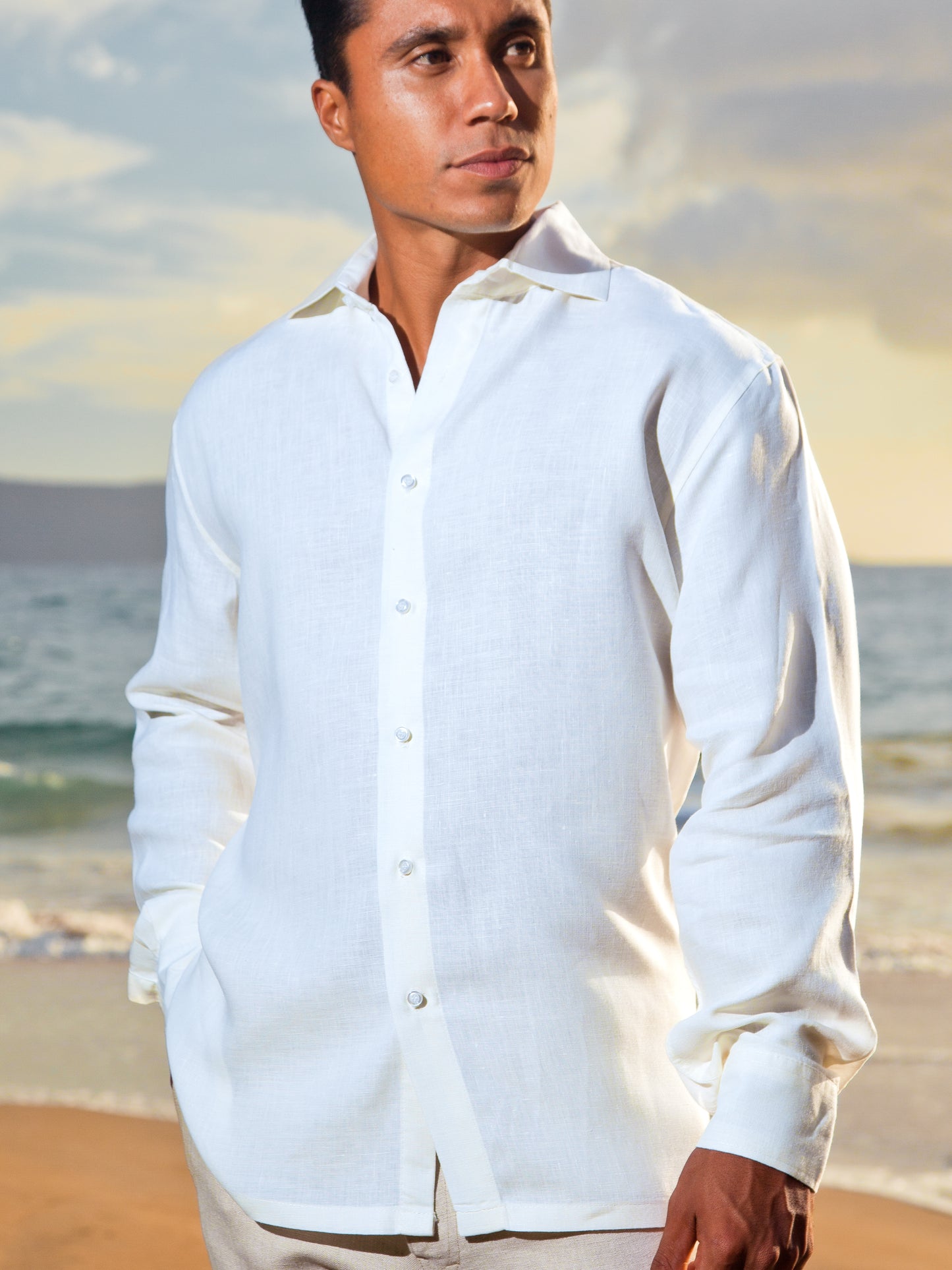 Mens Linen Amalfi Shirt Long Sleeve White Beach Wedding Main