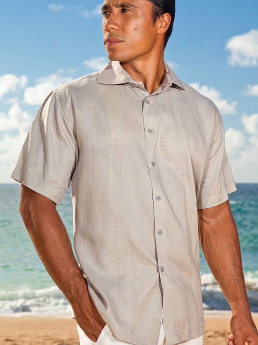 Mens Linen Amalfi Shirt Short Sleeve Ash Gray Beach Wedding