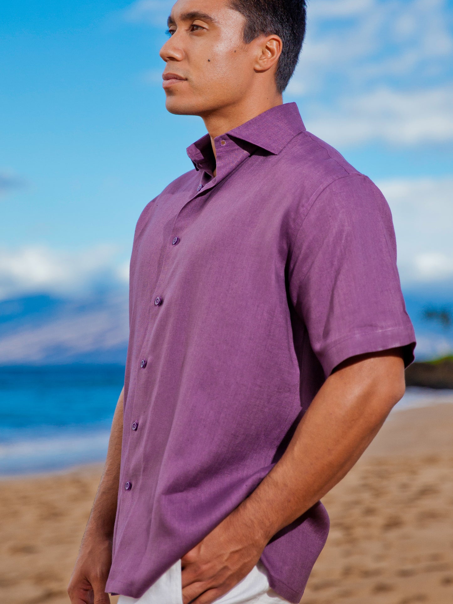 Mens Linen Amalfi Shirt Short Sleeve Purple Beach Wedding