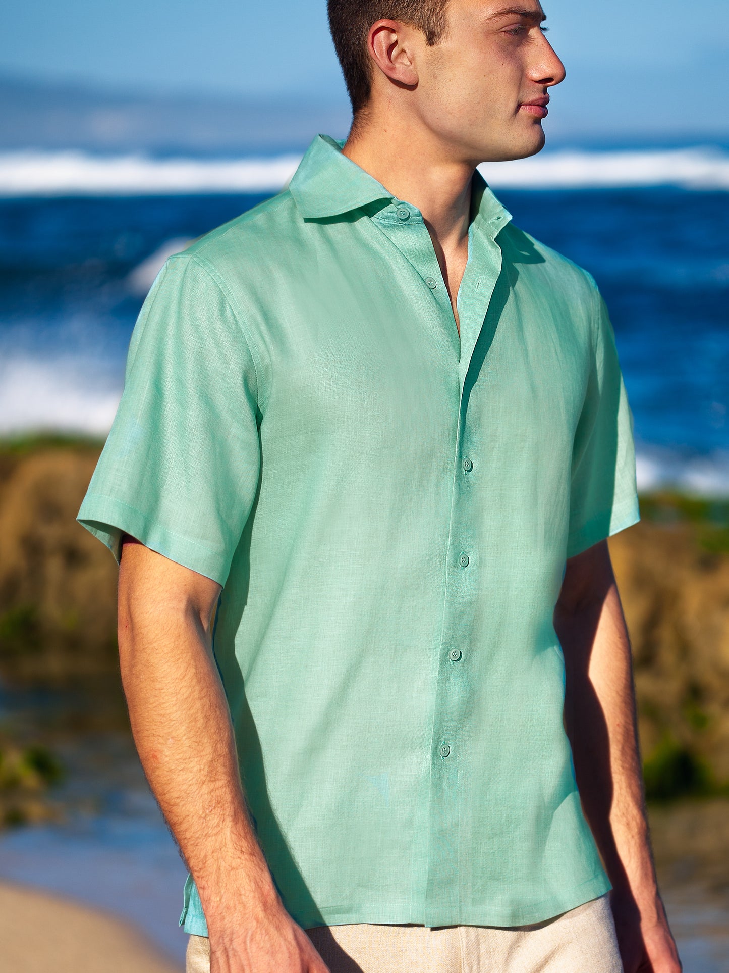Mens Linen Amalfi Shirt Short Sleeve Spa Green Beach Wedding