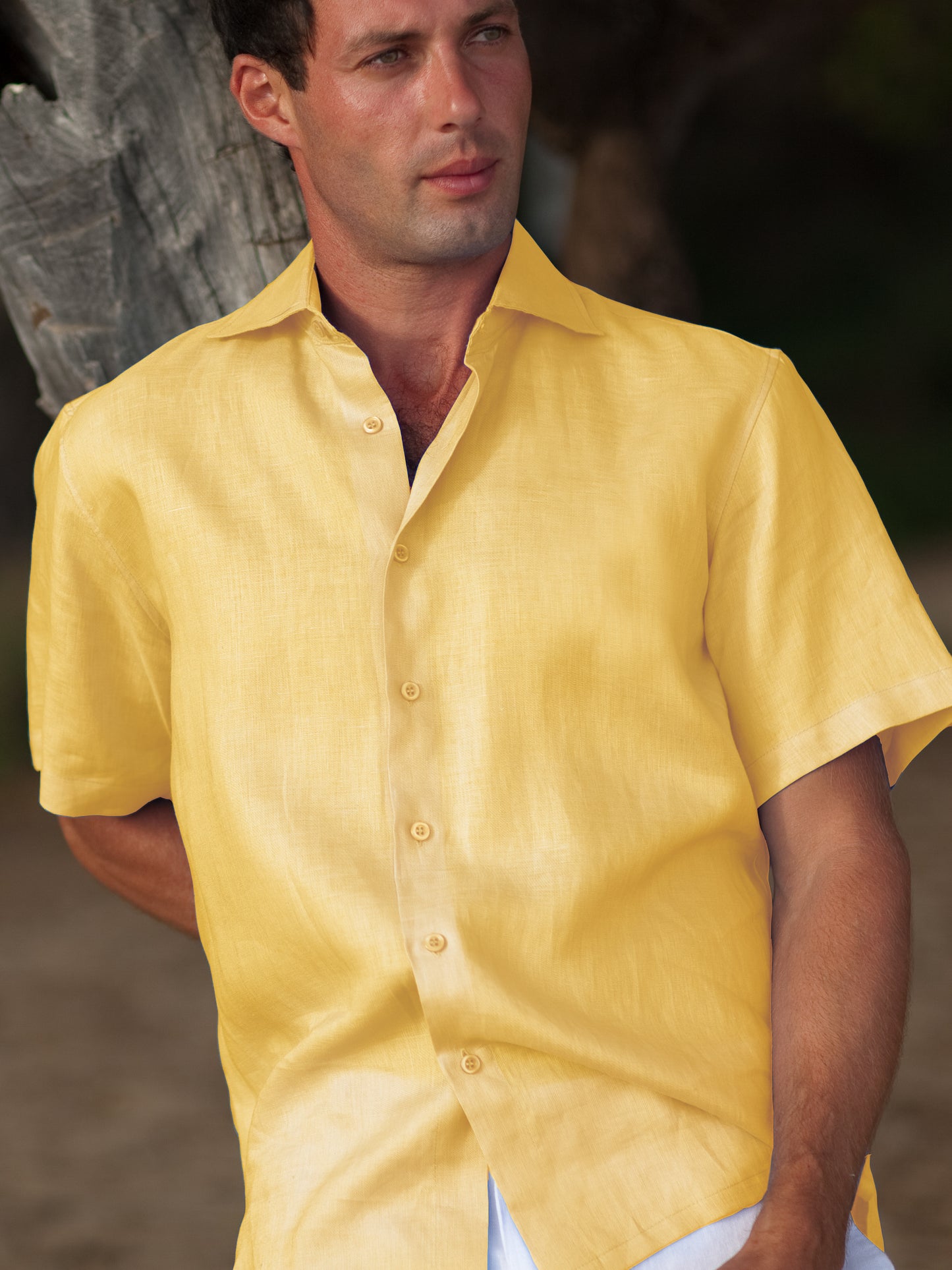Mens Linen Amalfi Shirt Short Sleeve Yellow Beach Wedding
