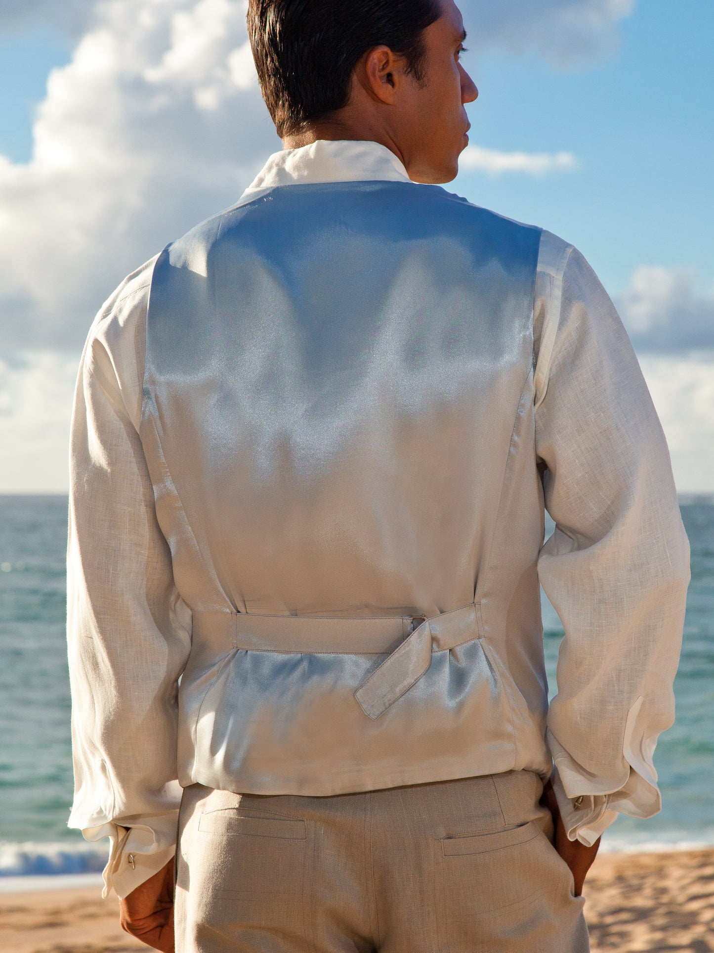 Mens Linen Amalfi Vest Gray Beach Wedding Back Alt