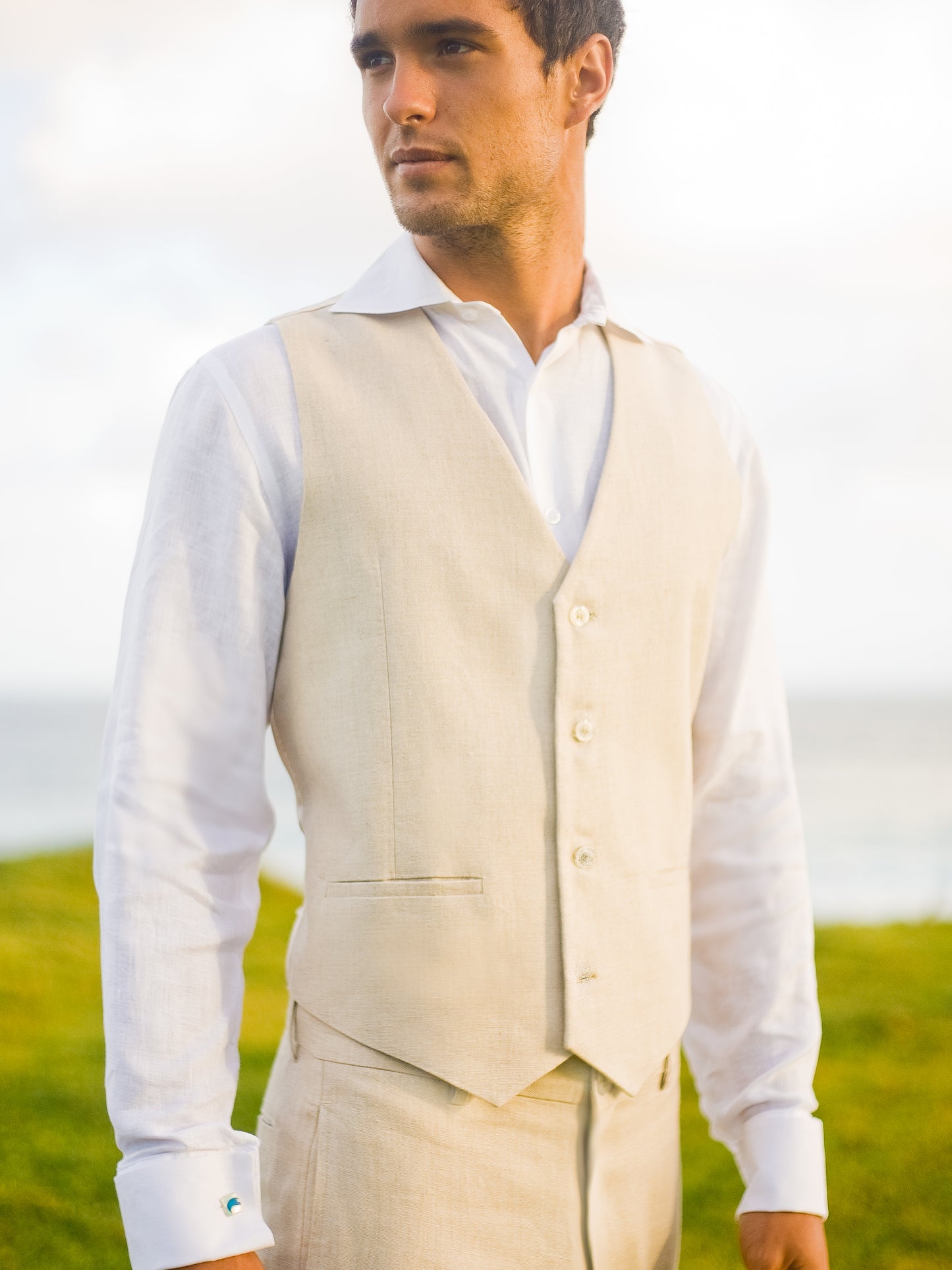 Mens Linen Amalfi Vest Tan Khaki Beach Wedding Main