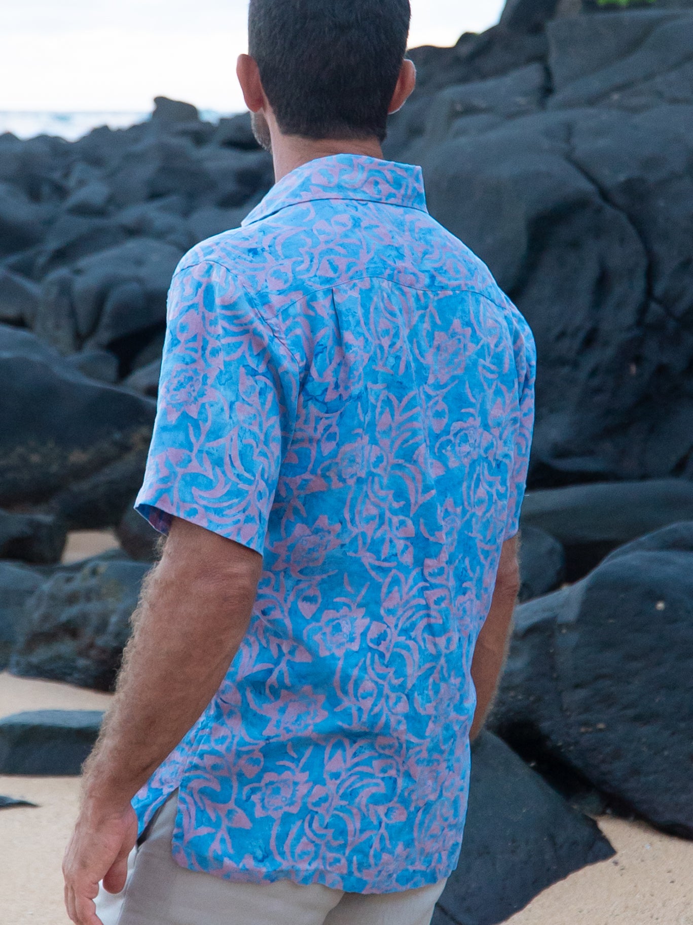 Mens Linen Batik Amalfi Shirt Short Sleeve Blue Beach Wedding Back