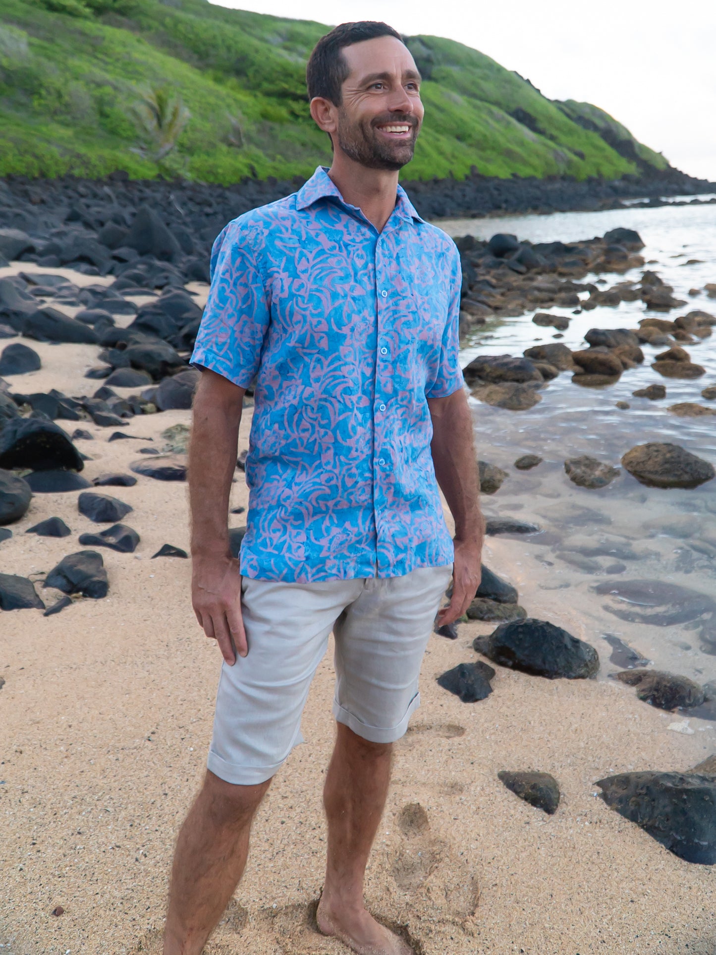 Mens Linen Batik Amalfi Shirt Short Sleeve Blue Beach Wedding Full