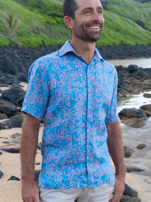 Mens Linen Batik Amalfi Shirt Short Sleeve Blue Beach Wedding