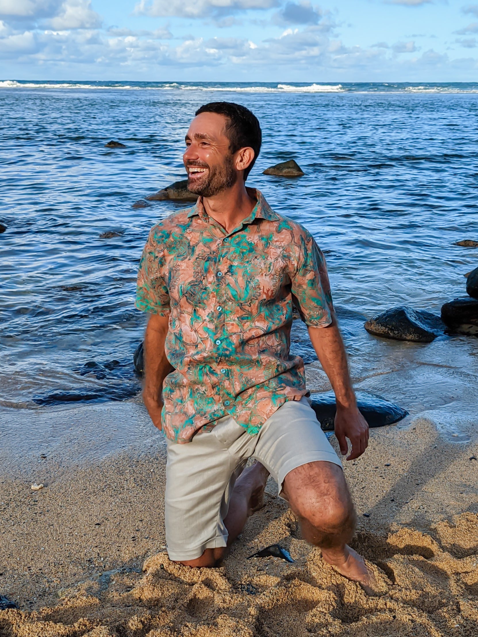 Mens Linen Batik Amalfi Shirt Short Sleeve Copper Patina Beach Wedding Alt