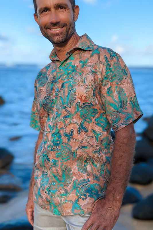 Mens Linen Batik Amalfi Shirt Short Sleeve Copper Patina Beach Wedding