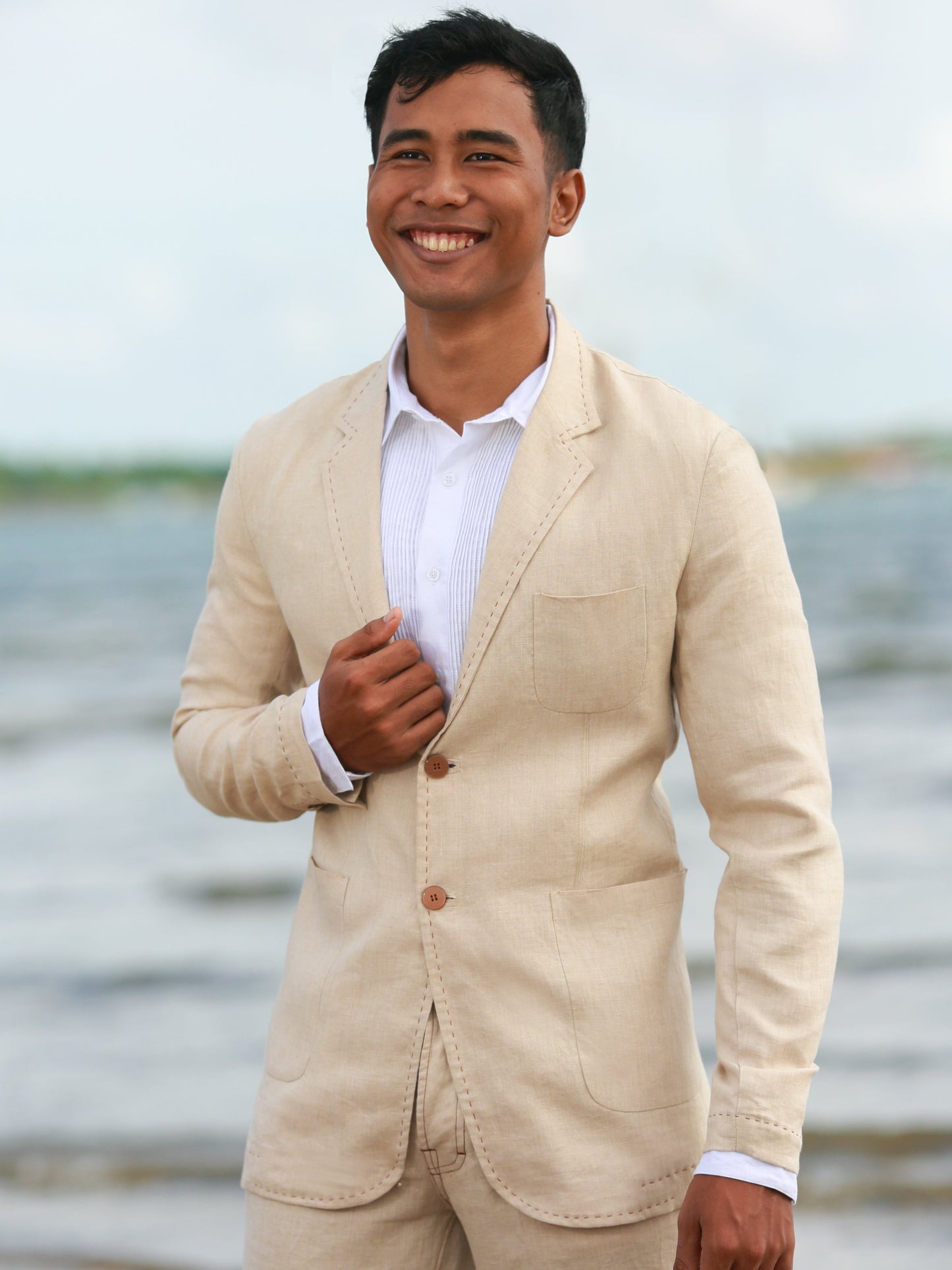 Mens Linen Blazer Suit Jacket Tan Khaki Beach Wedding