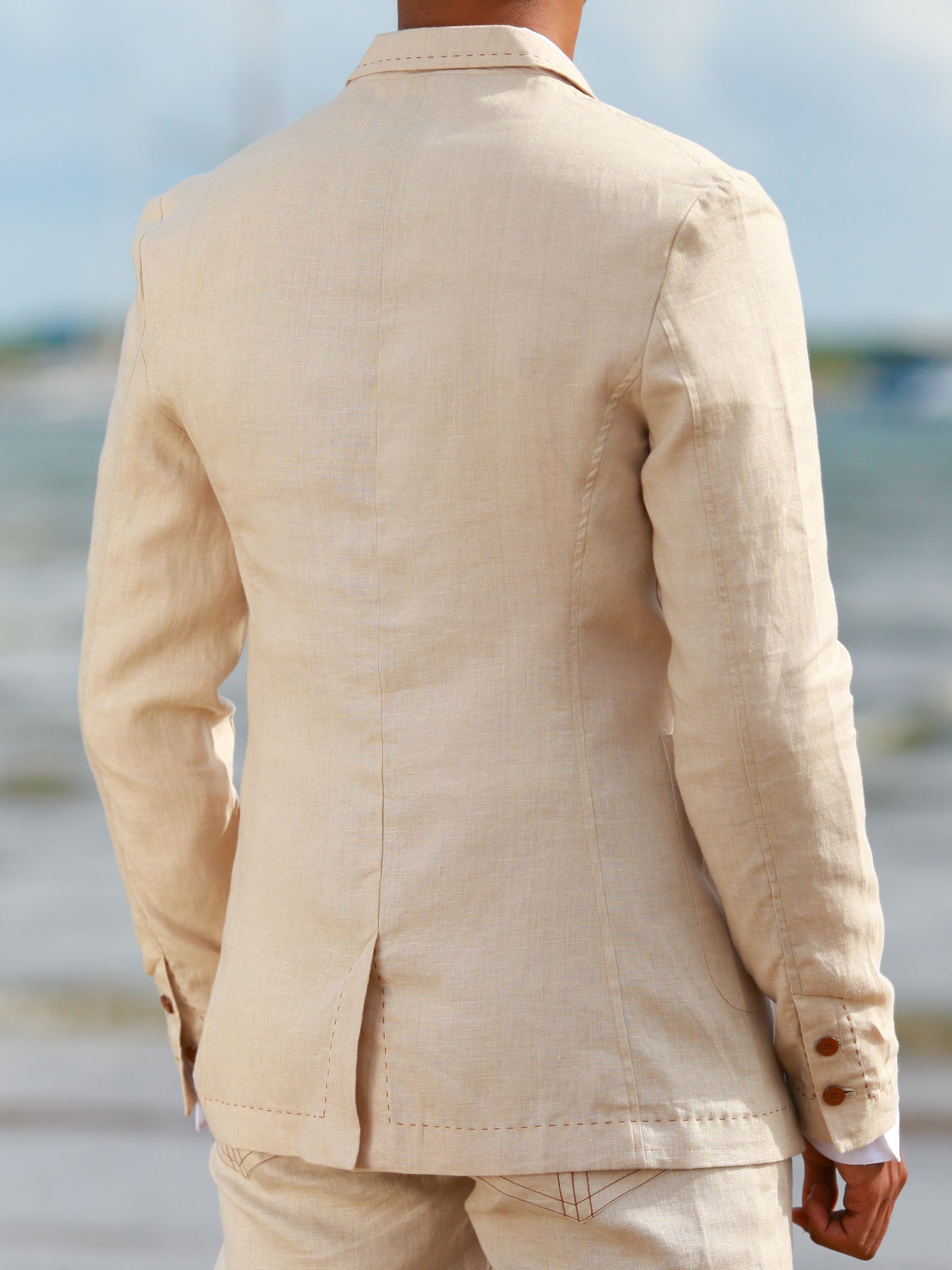 Mens Linen Blazer Suit Jacket Tan Khaki Light Weight Beach Wedding Back