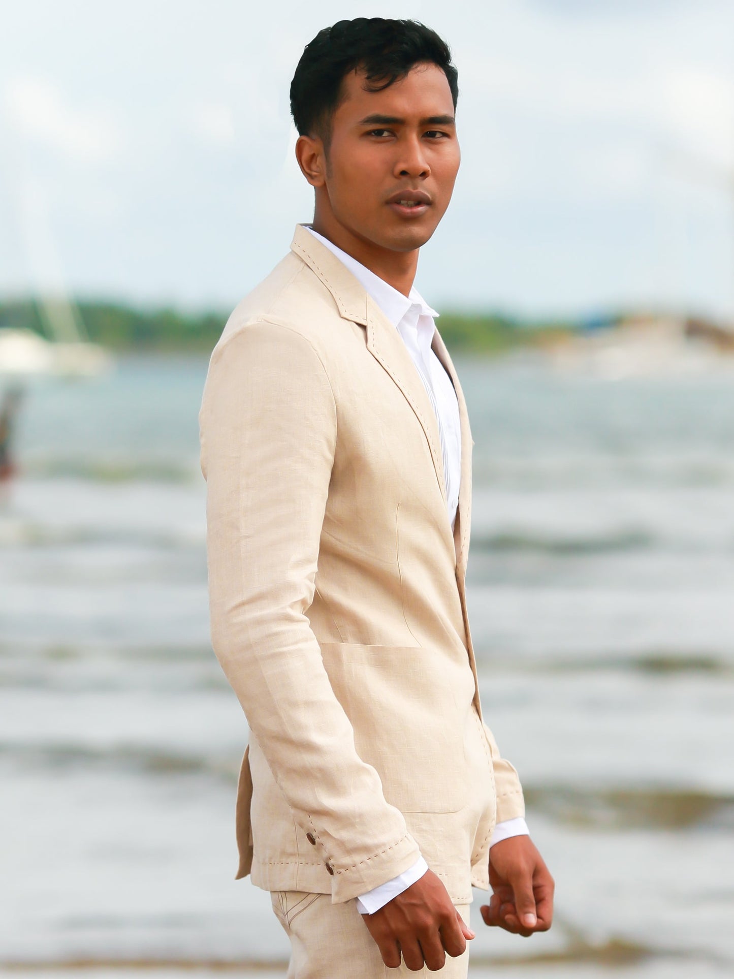 Mens Linen Blazer Suit Jacket Tan Khaki Light Weight Beach Wedding Side