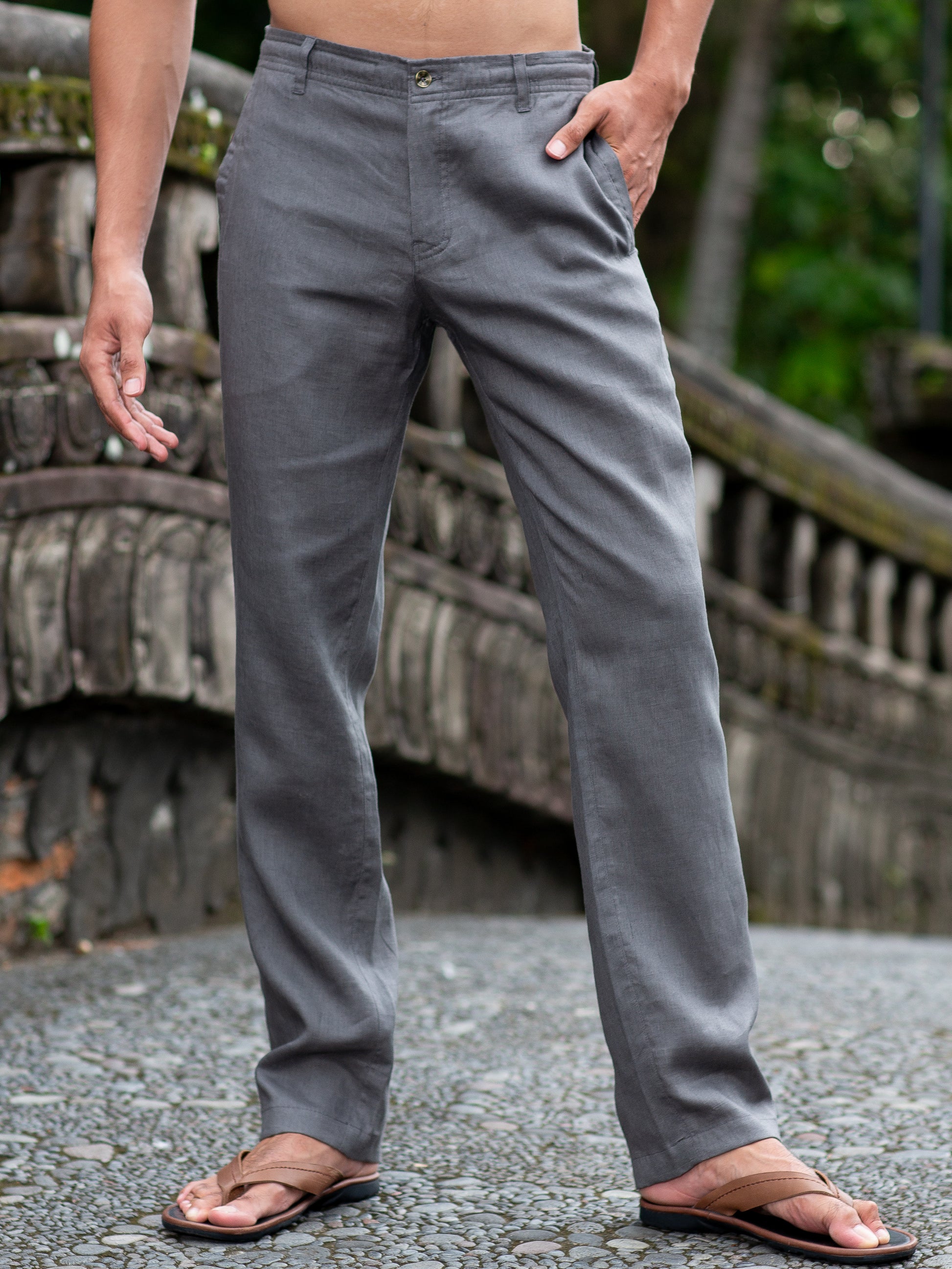 Mens Linen Cozumel Pant Gray Beach Wedding Front