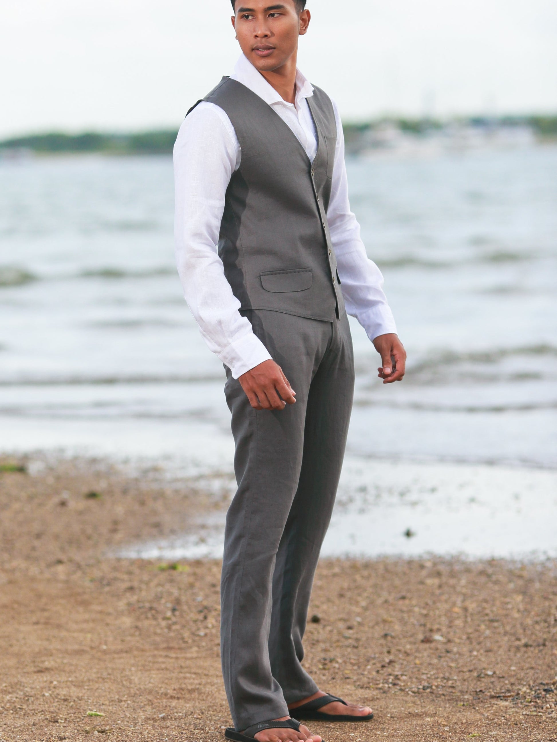 Mens Linen Cozumel Pant Gray Beach Wedding Vest
