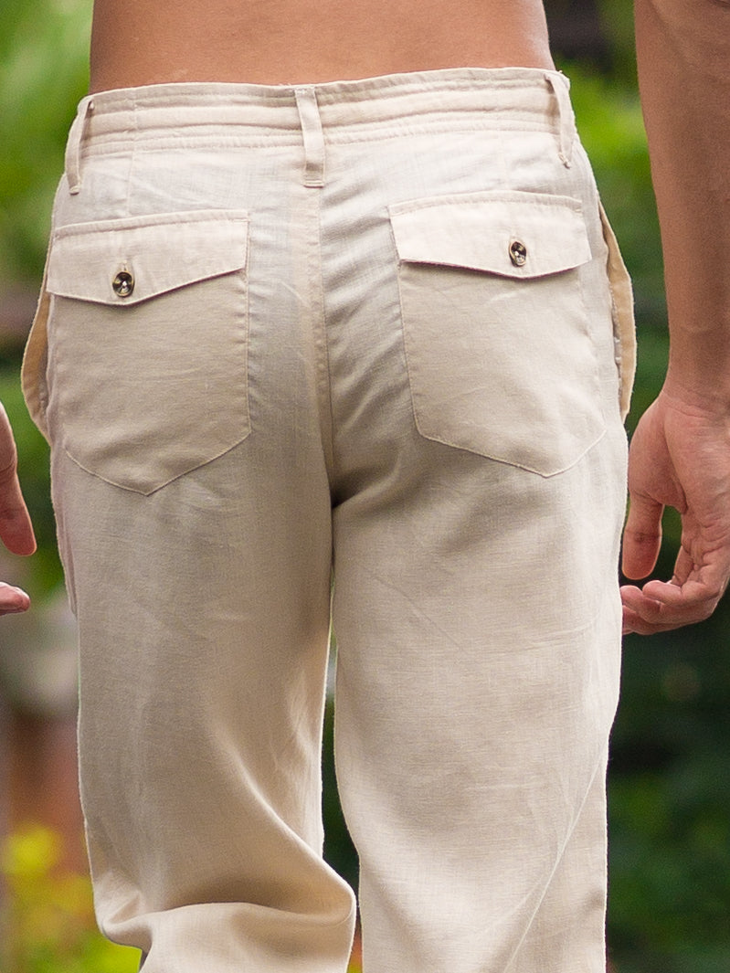 Mens Linen Cozumel Pant Tan Khaki Beach Wedding Close
