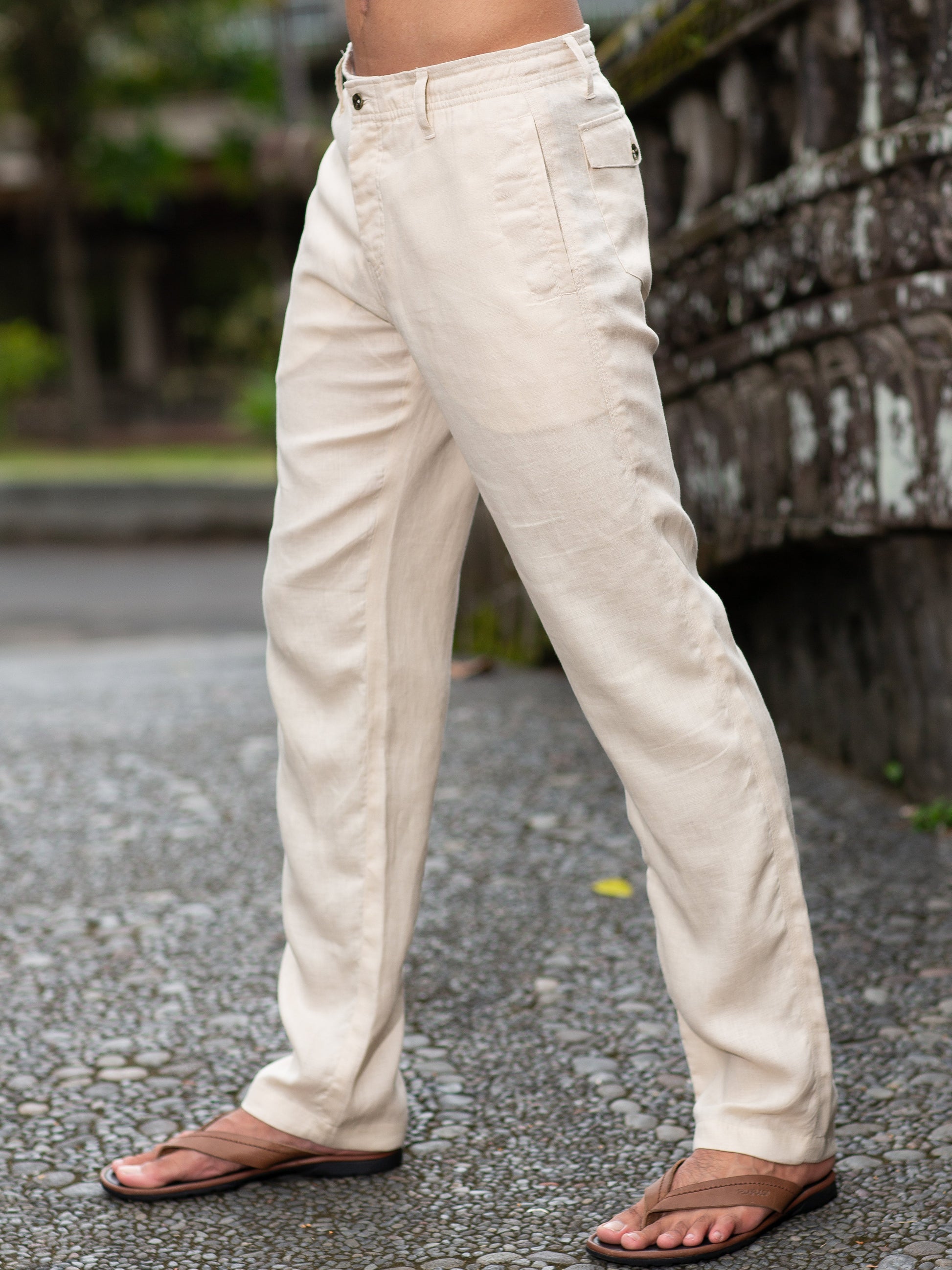 Mens Linen Cozumel Pant Tan Khaki Beach Wedding Side
