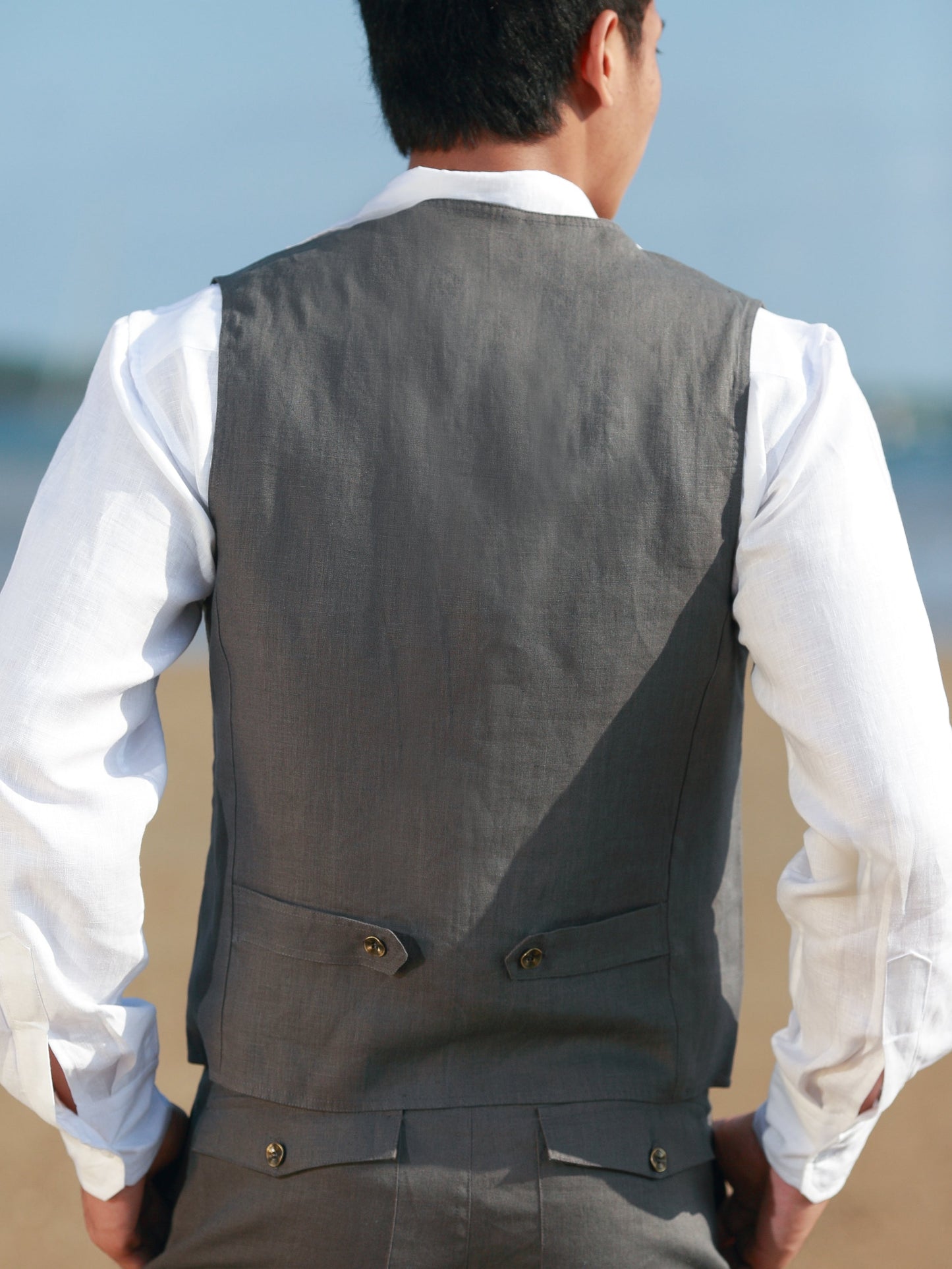 Mens Linen Cozumel Vest Gray Beach Wedding Back