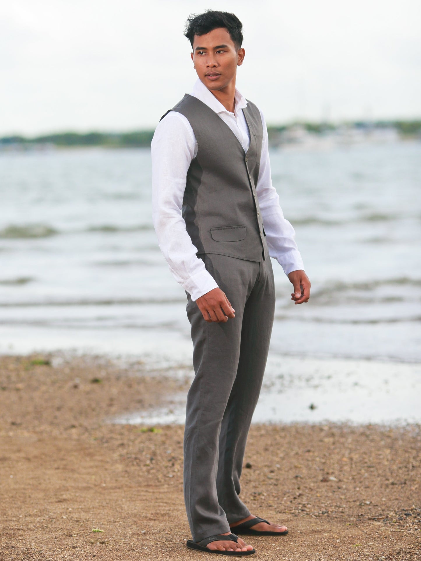 Mens Linen Cozumel Vest Pant Gray Beach Wedding