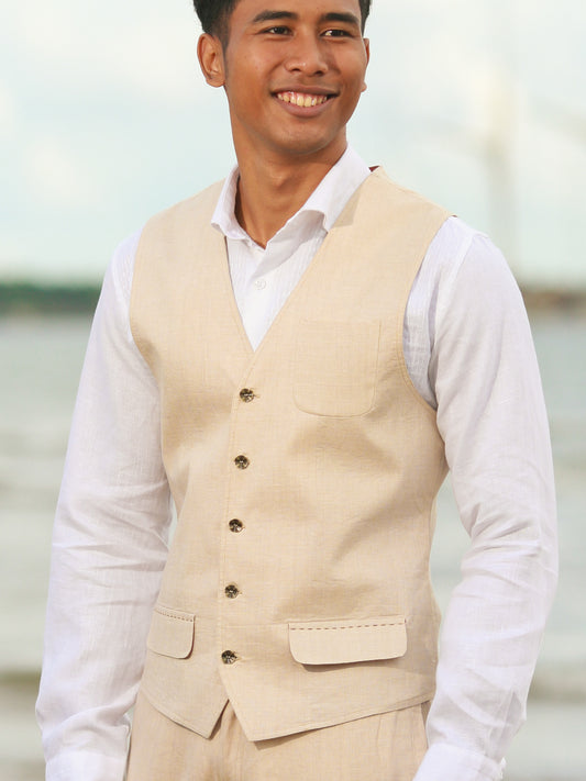 Mens Linen Cozumel Vest Tan Khaki Beach Wedding