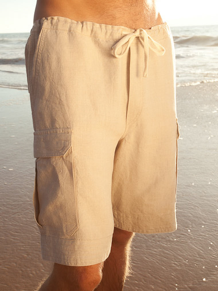 Mens Linen Drawstring Cabo Cargo Shorts Tan Khaki Beach Wear Front