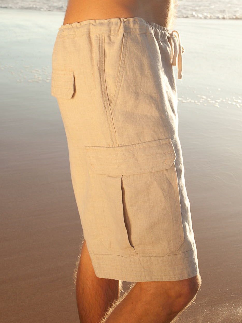 Mens Linen Drawstring Cabo Cargo Shorts Tan Khaki Beach Wear Side