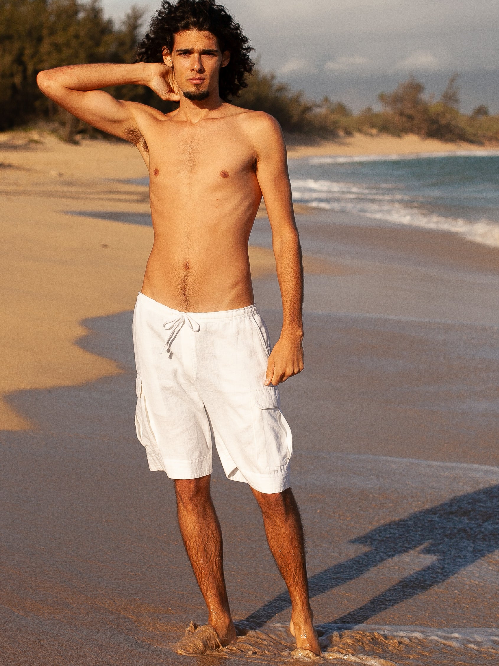 Mens Linen Drawstring Cabo Cargo Shorts White Beach Wear Full