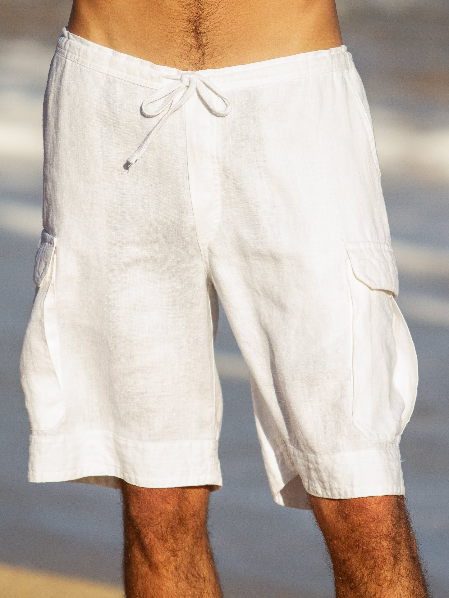 Mens Linen Drawstring Cabo Cargo Shorts White Beach Wear