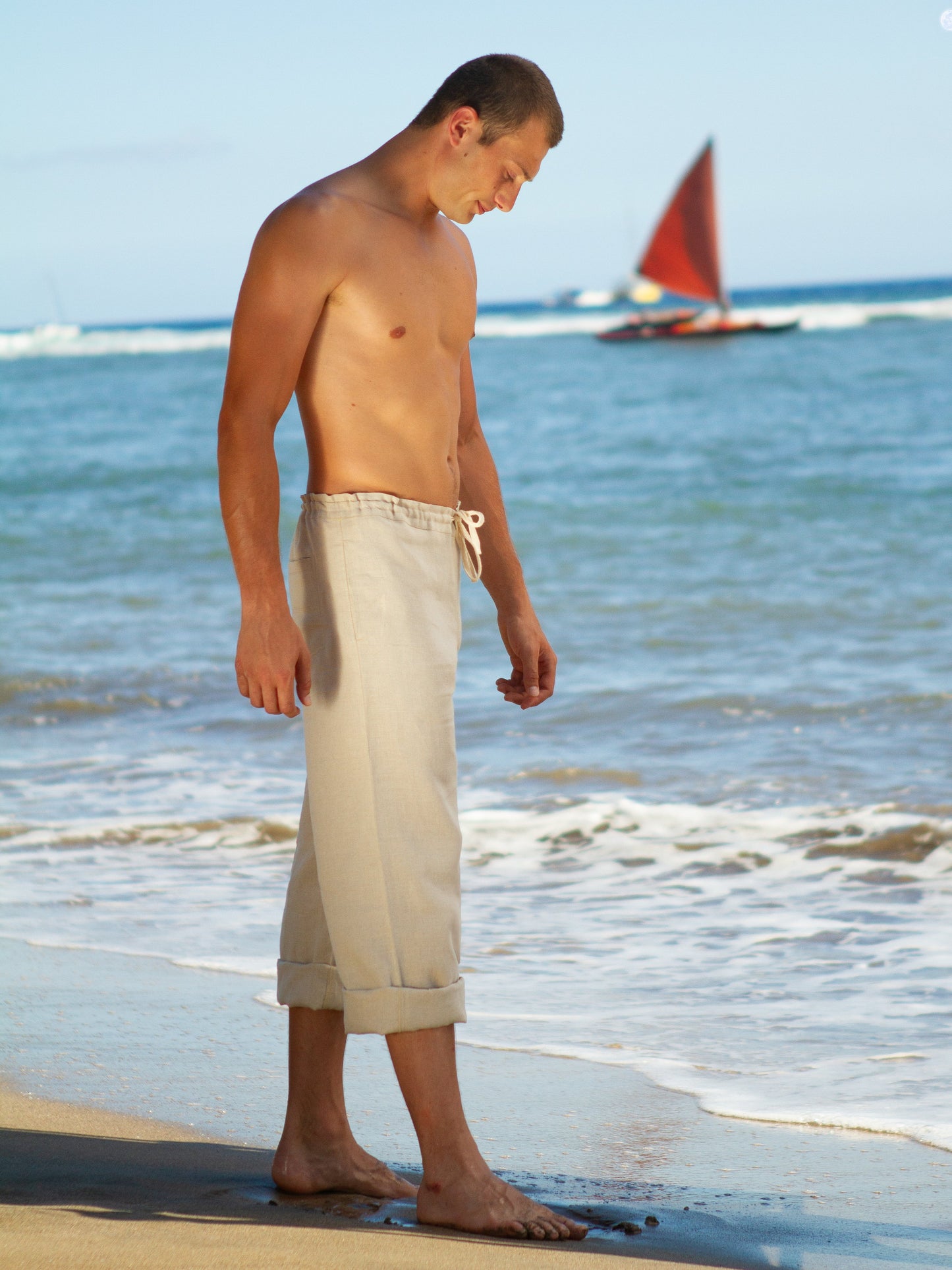 Mens Linen Drawstring Riviera Pants Tan Khaki Beach Wedding Side