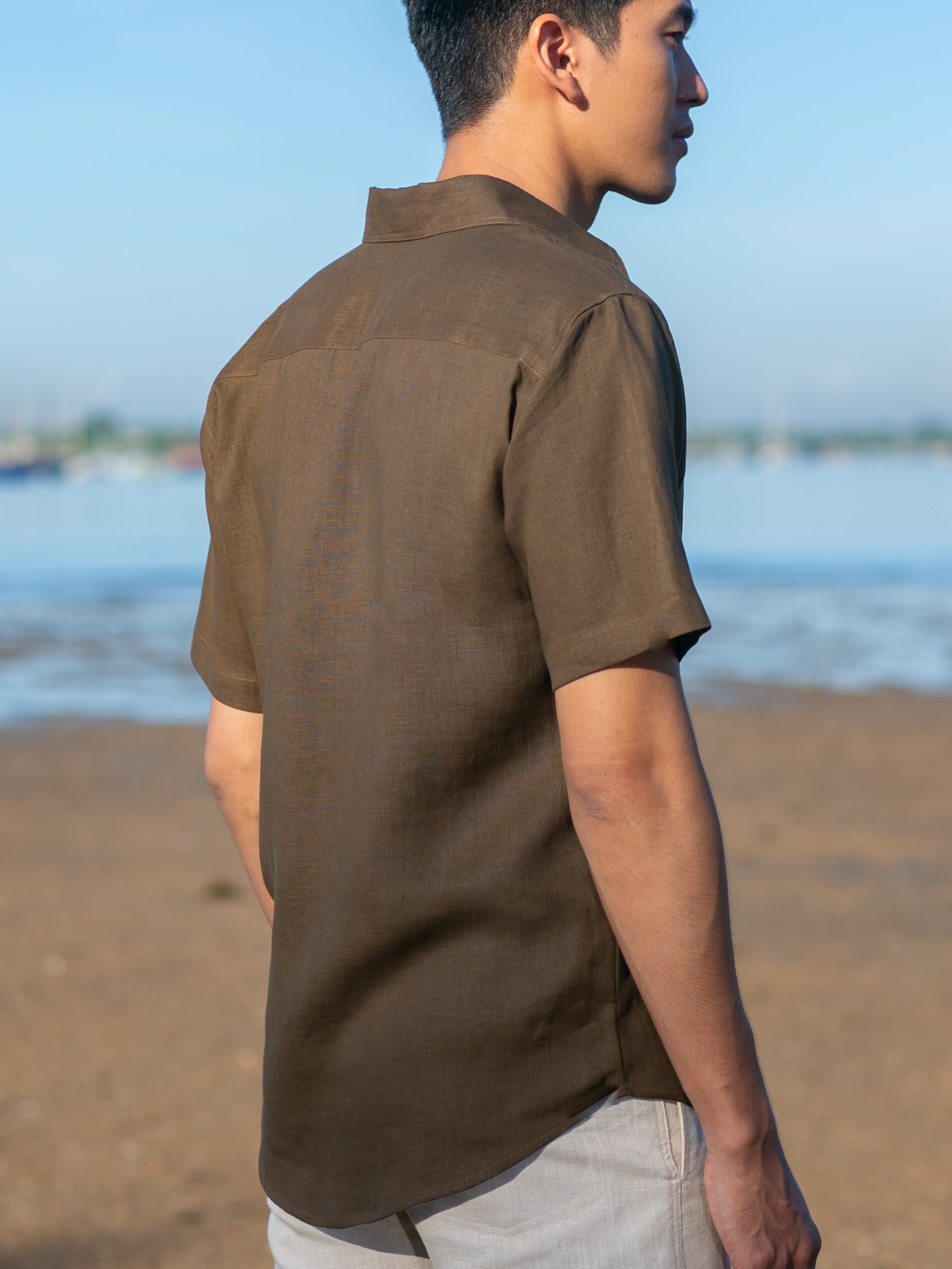 Mens Linen Earth Shirt Short Sleeve Natural Dye Carob Brown Beach Wedding Back
