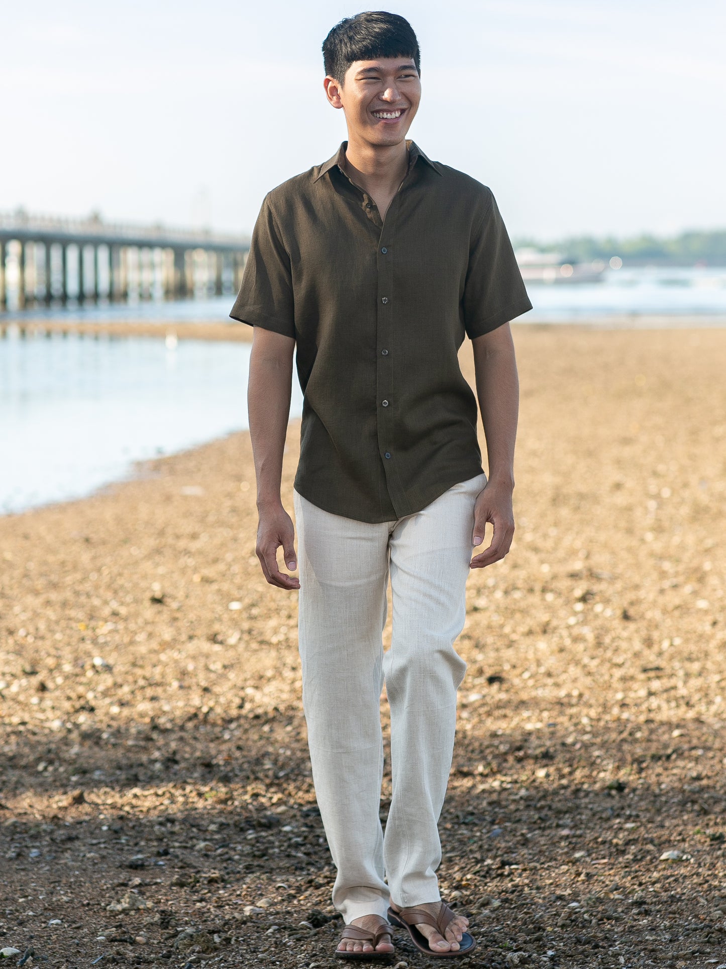 Mens Linen Earth Shirt Short Sleeve Natural Dye Carob Brown Beach Wedding Full